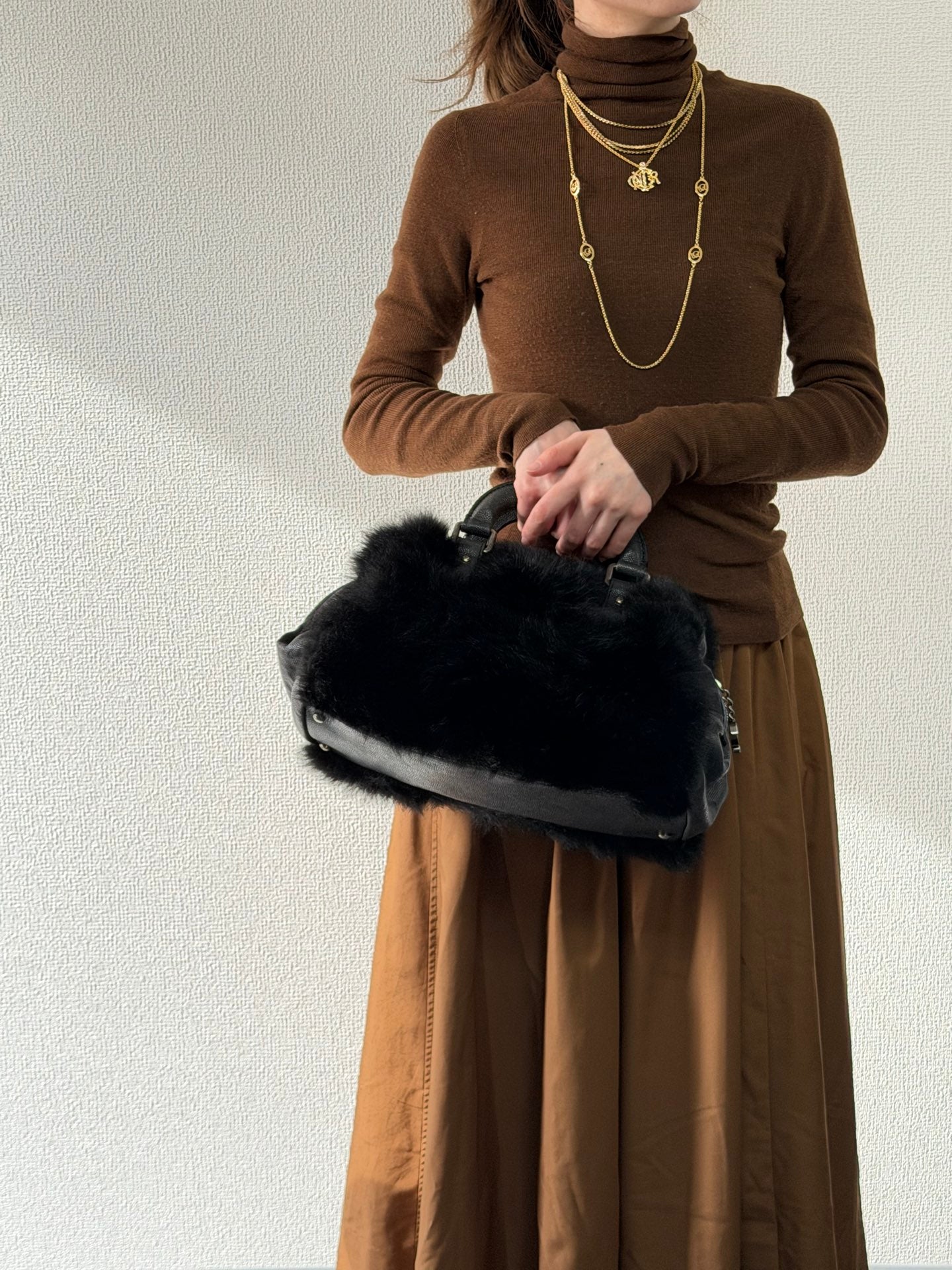 CHANEL Black Silver Fur Handbag
