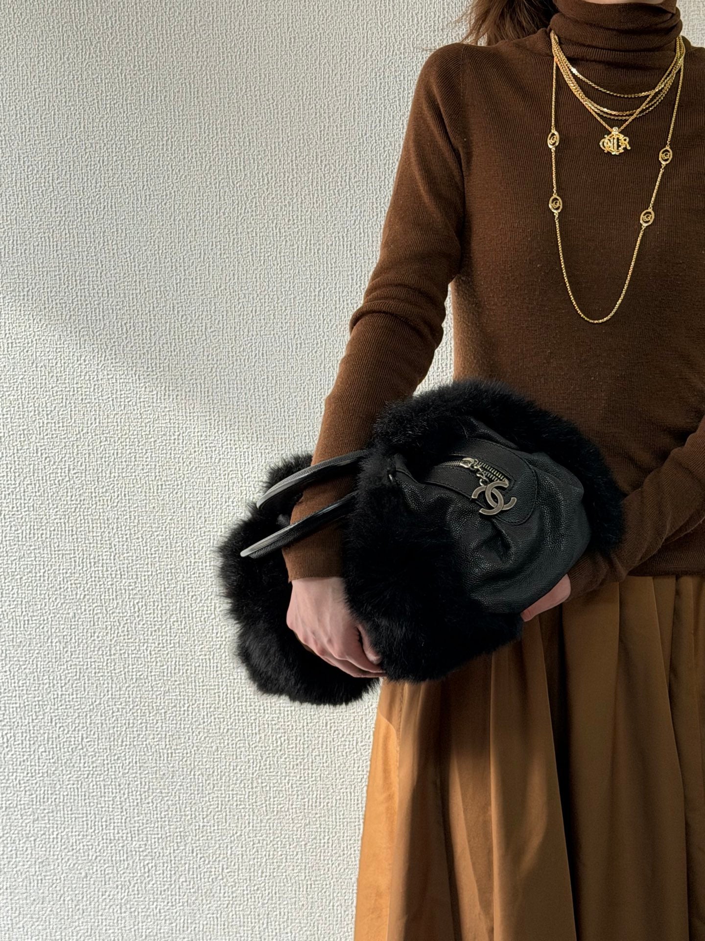 CHANEL Black Silver Fur Handbag