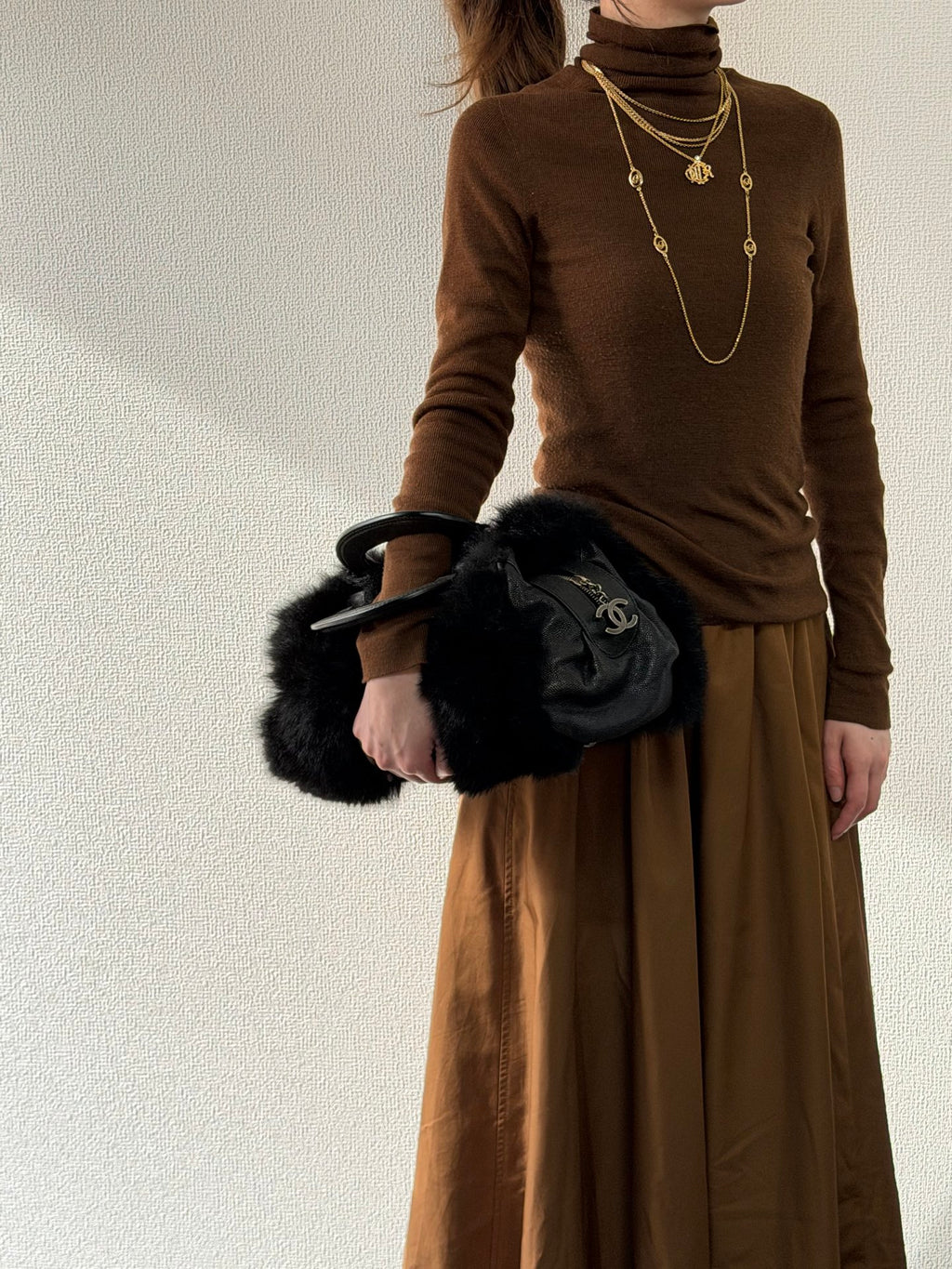 CHANEL Black Silver Fur Handbag