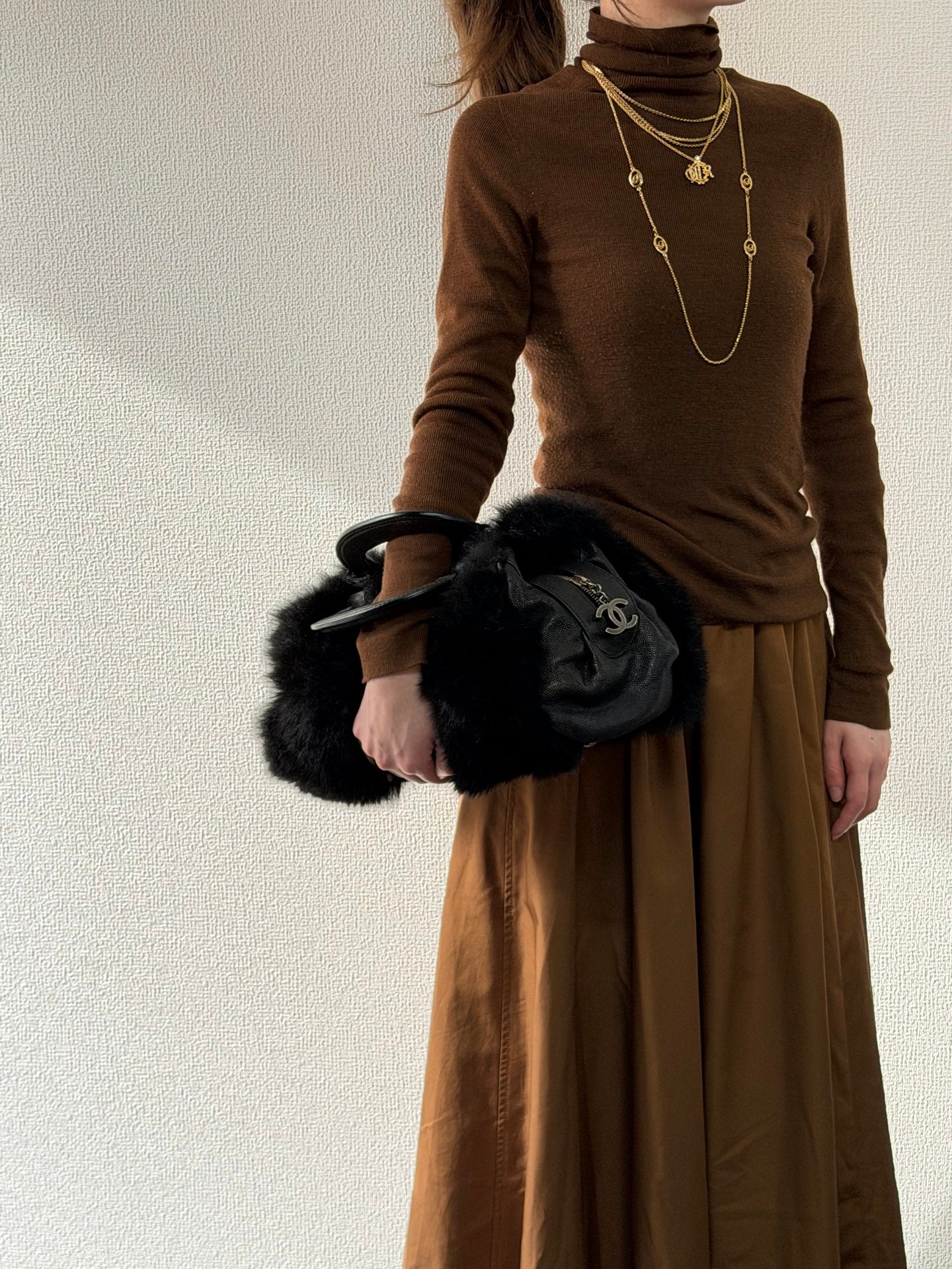 CHANEL Black Silver Fur Handbag