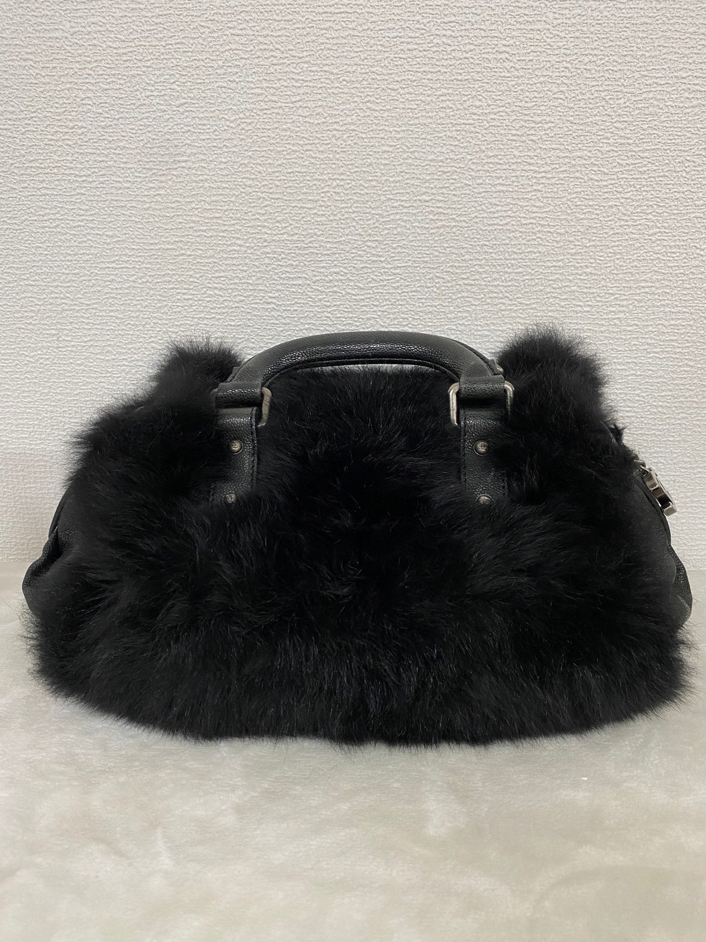 CHANEL Black Silver Fur Handbag
