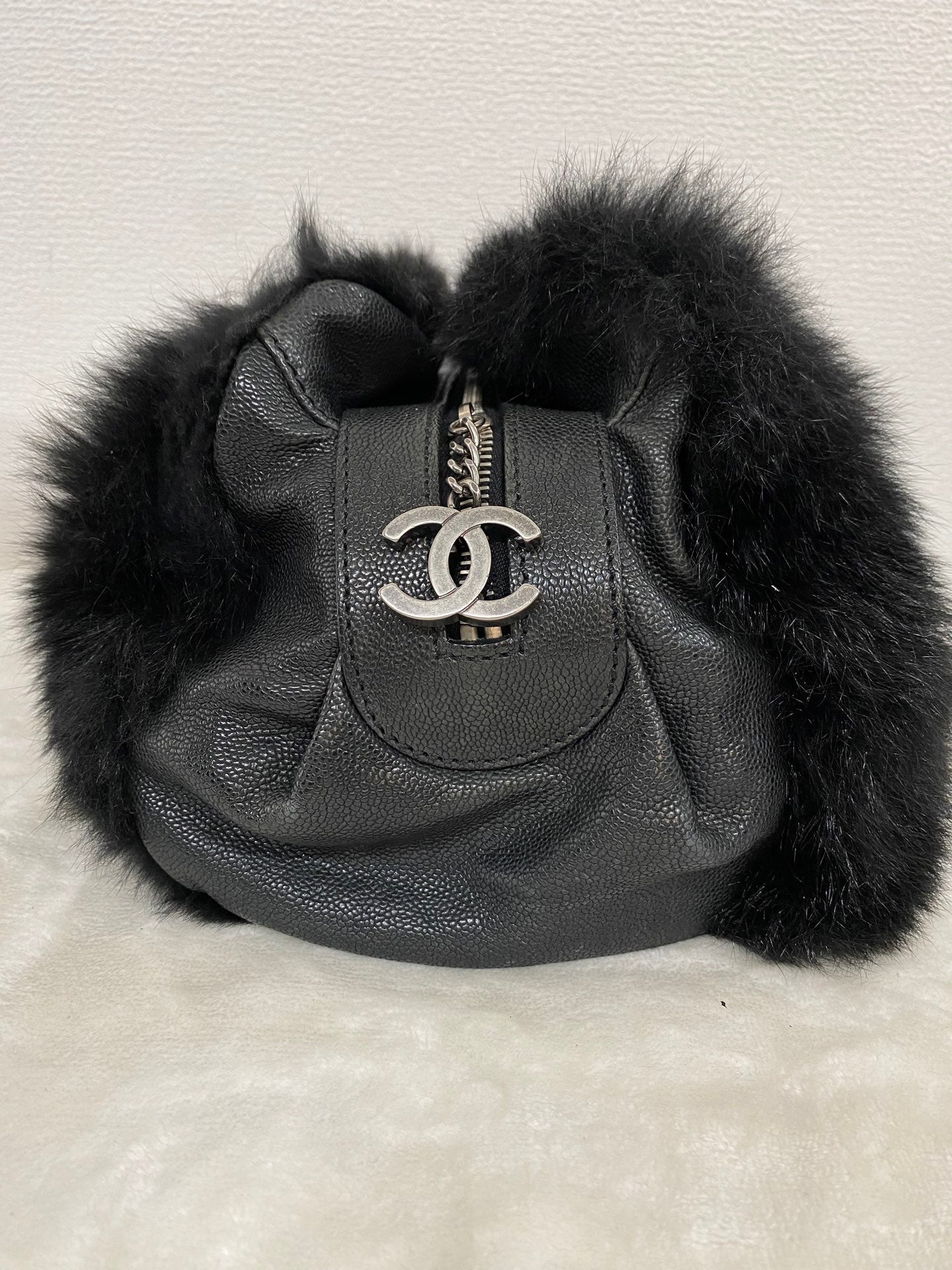 CHANEL Black Silver Fur Handbag