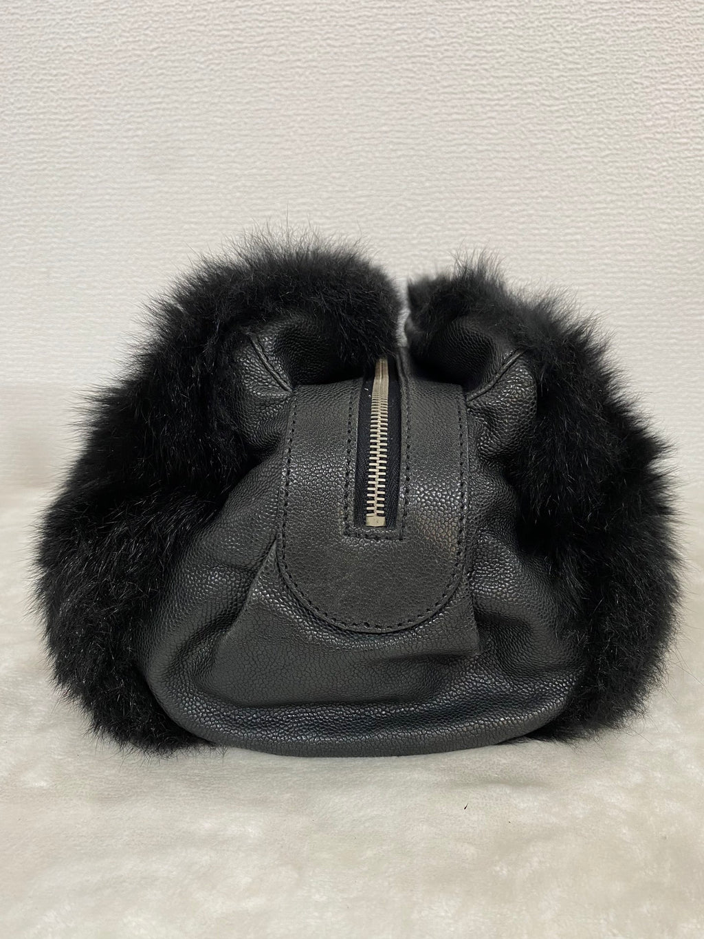CHANEL Black Silver Fur Handbag