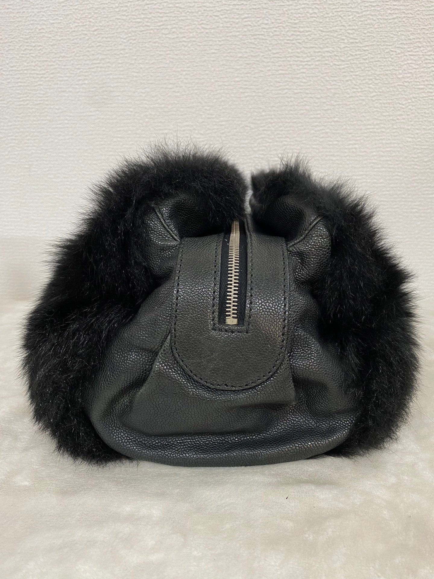 CHANEL Black Silver Fur Handbag