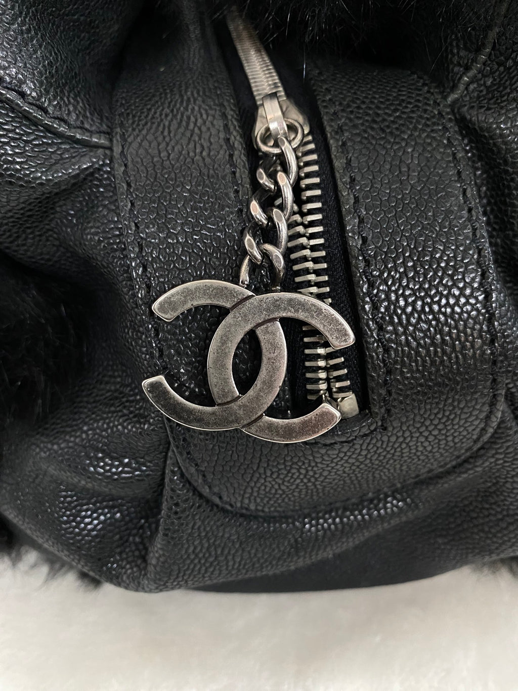 CHANEL Black Silver Fur Handbag