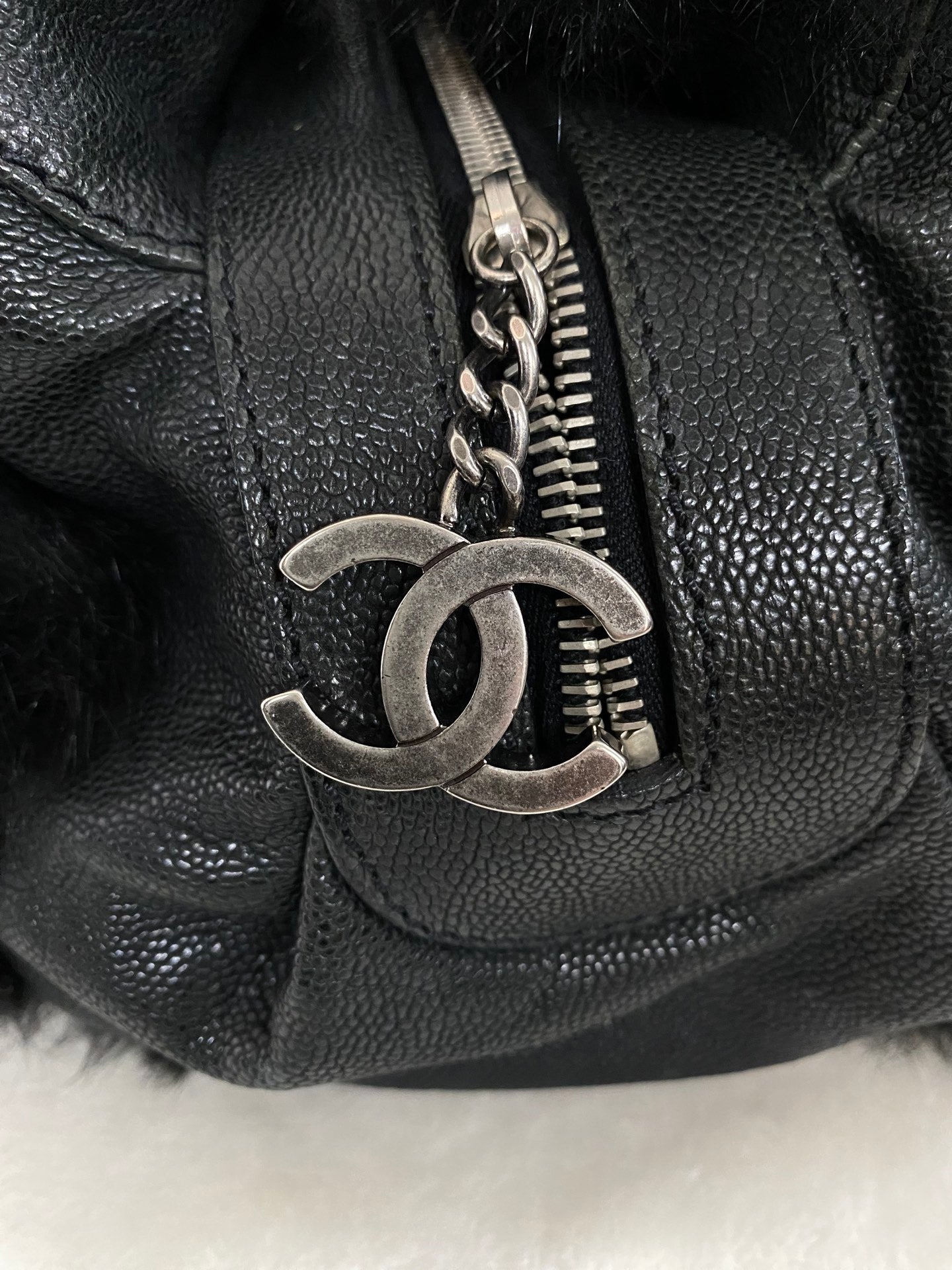 CHANEL Black Silver Fur Handbag