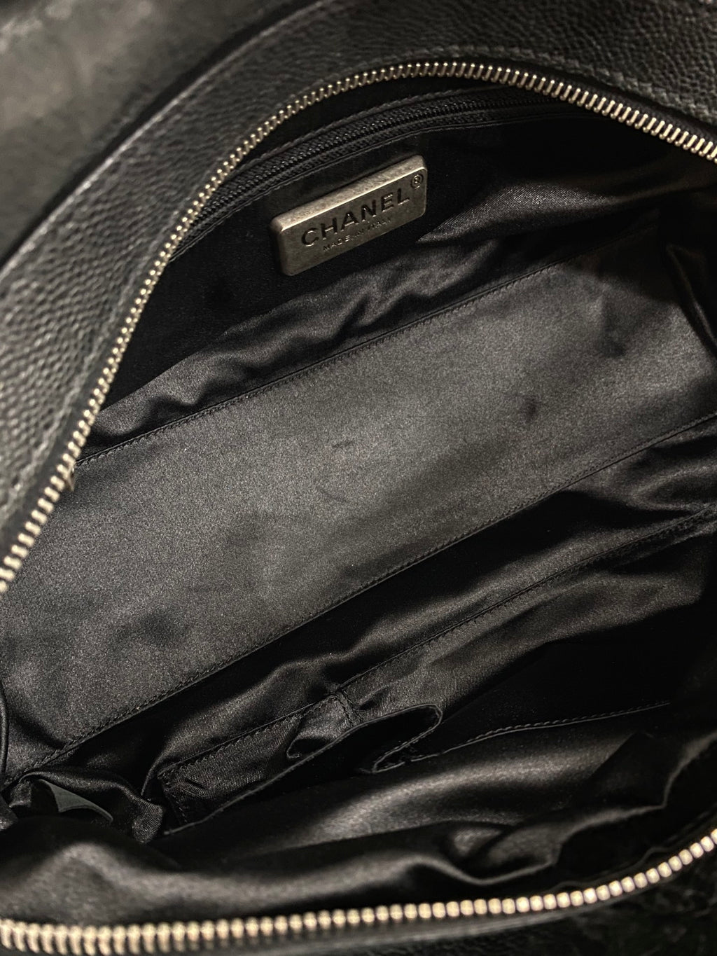 CHANEL Black Silver Fur Handbag