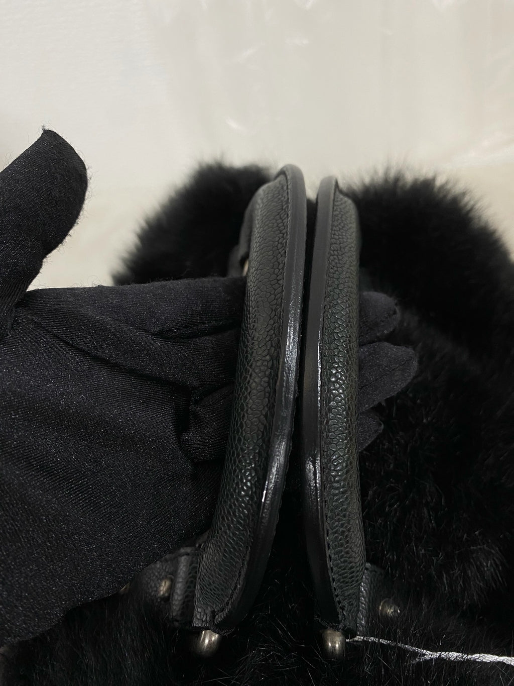CHANEL Black Silver Fur Handbag