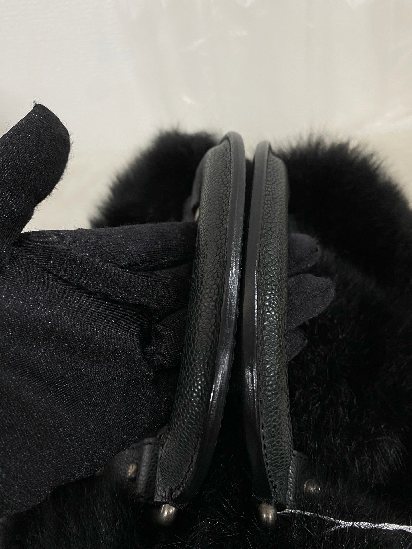 CHANEL Black Silver Fur Handbag