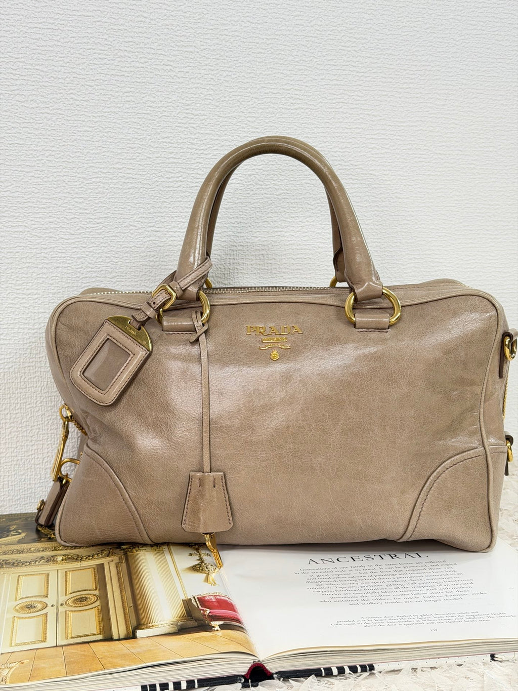 PRADA Beige Patent Boston Handbag