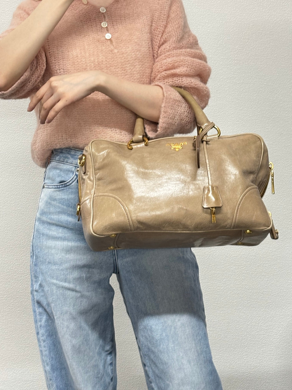 PRADA Beige Patent Boston Handbag