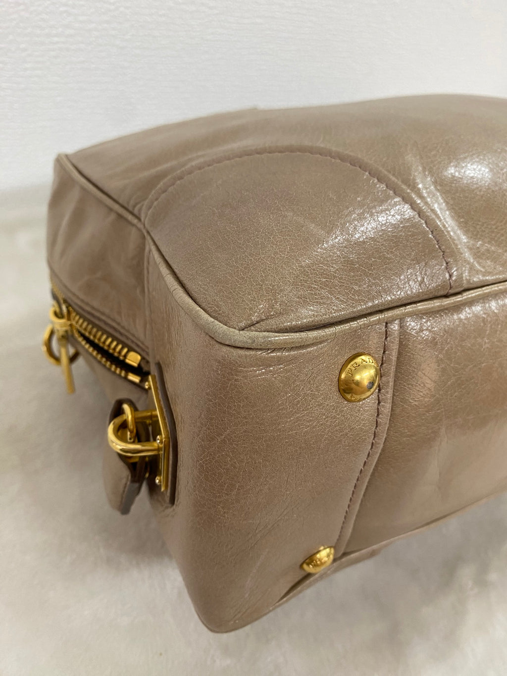 PRADA Beige Patent Boston Handbag