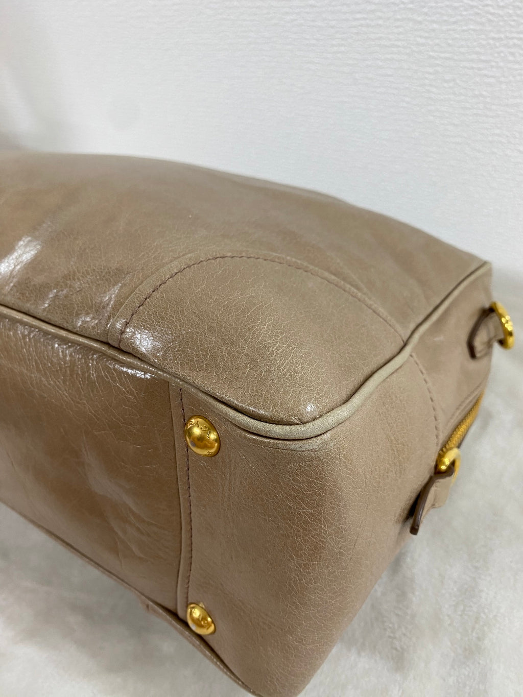 PRADA Beige Patent Boston Handbag