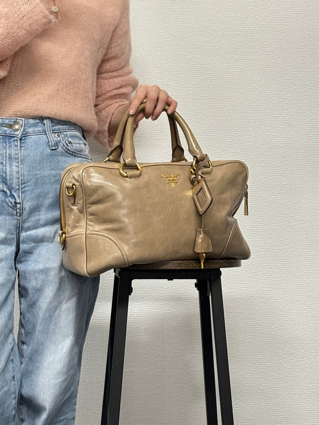 PRADA Beige Patent Boston Handbag