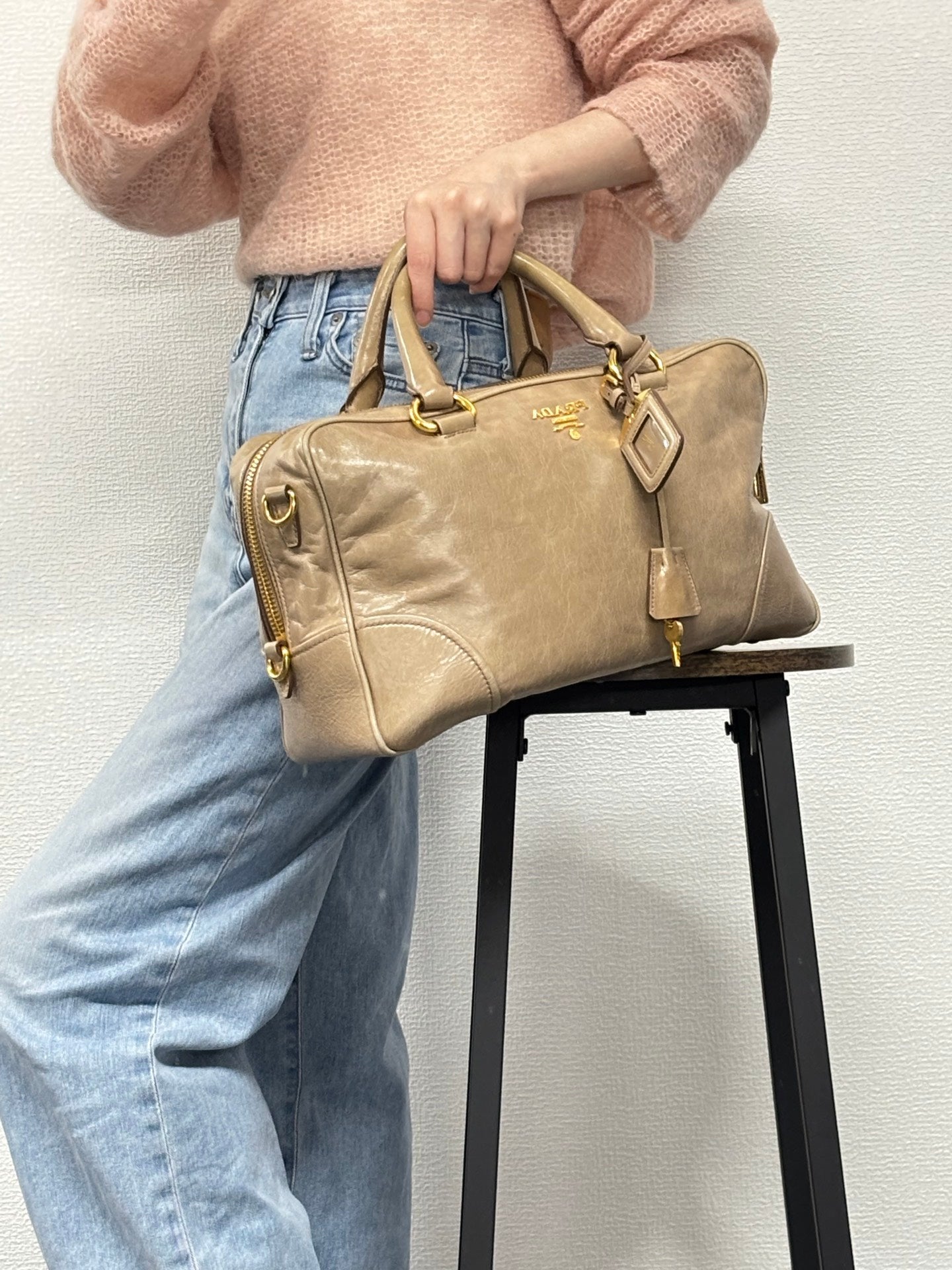 PRADA Beige Patent Boston Handbag