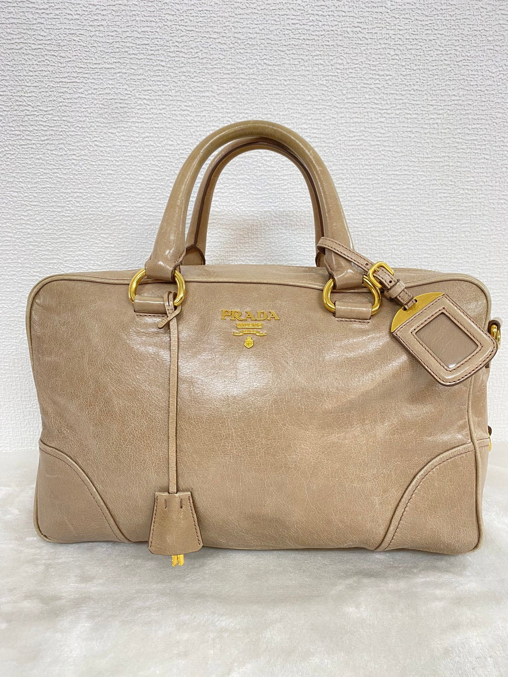 PRADA Beige Patent Boston Handbag