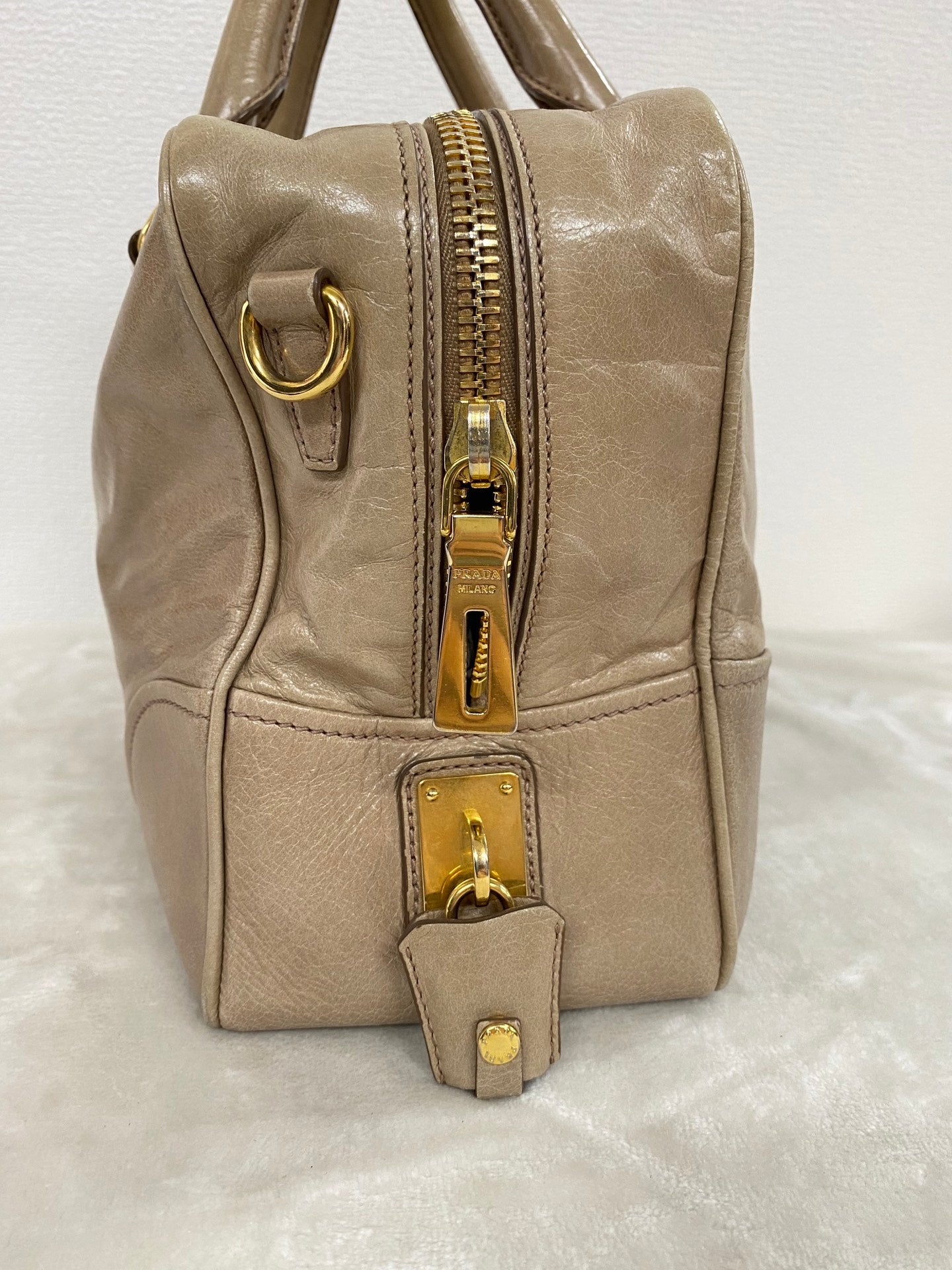PRADA Beige Patent Boston Handbag