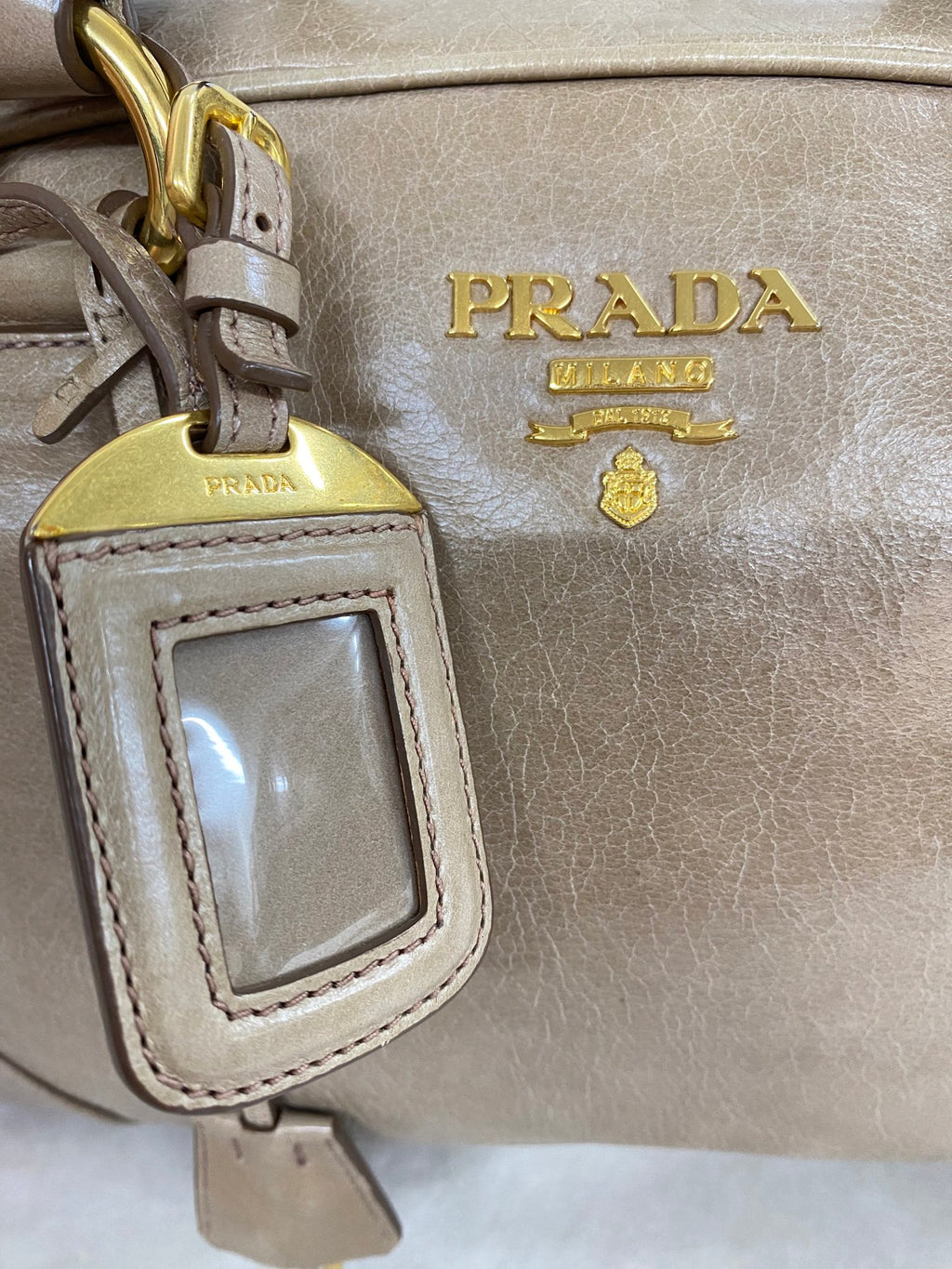 PRADA Beige Patent Boston Handbag