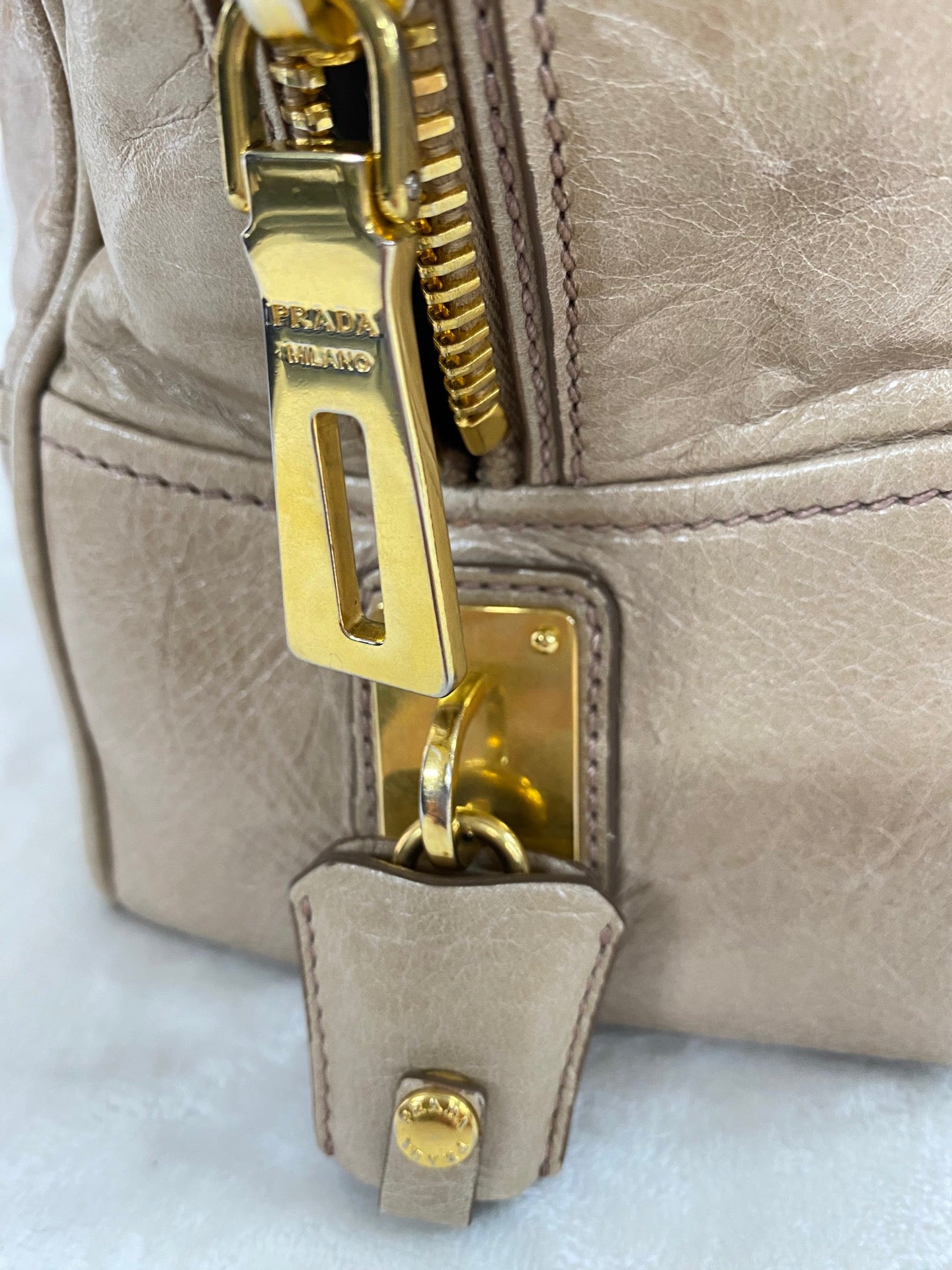 PRADA Beige Patent Boston Handbag