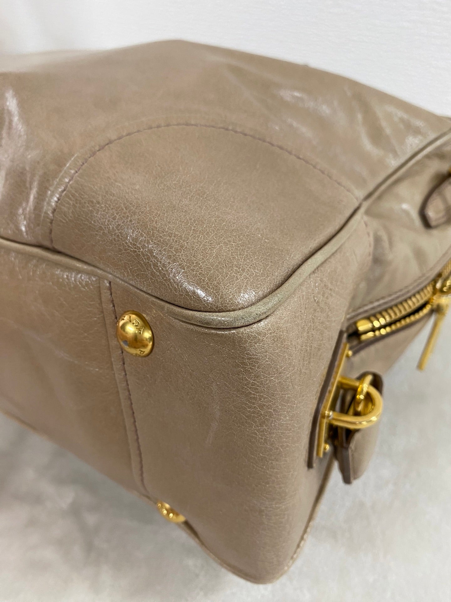 PRADA Beige Patent Boston Handbag