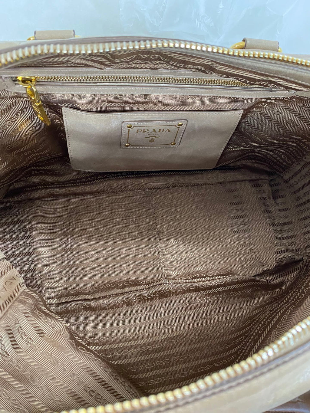 PRADA Beige Patent Boston Handbag