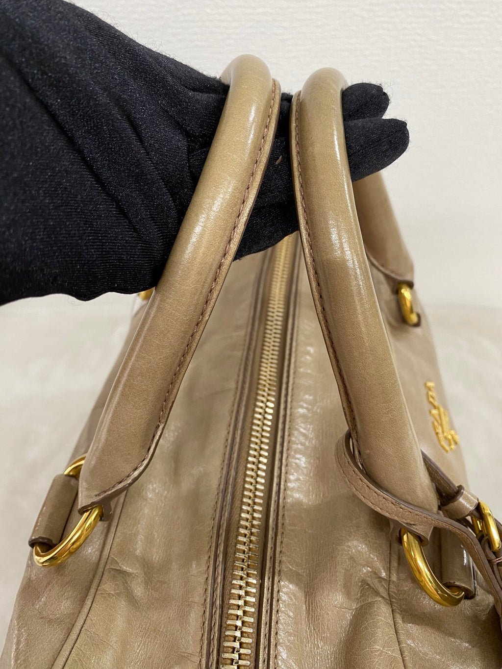 PRADA Beige Patent Boston Handbag