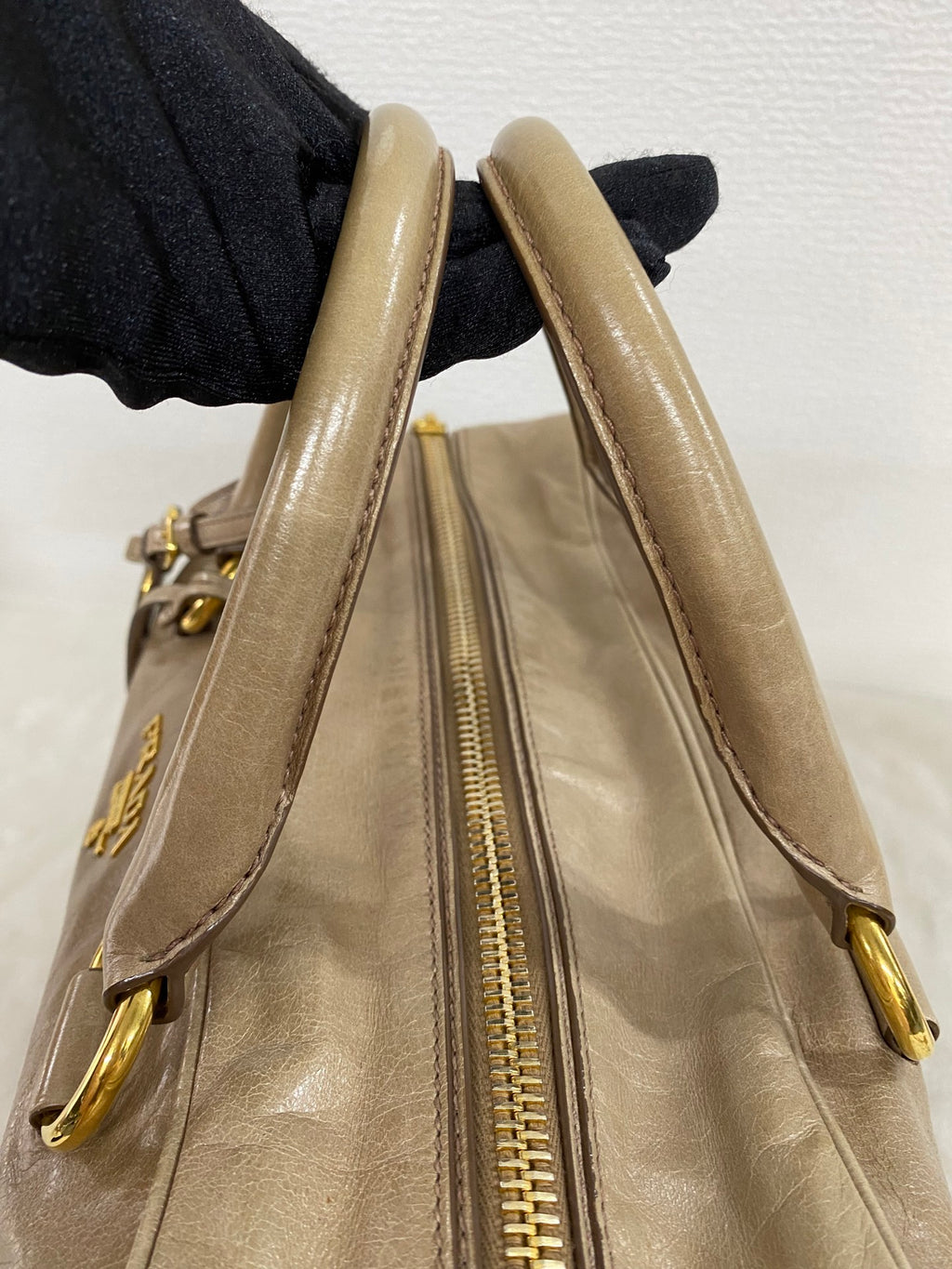 PRADA Beige Patent Boston Handbag