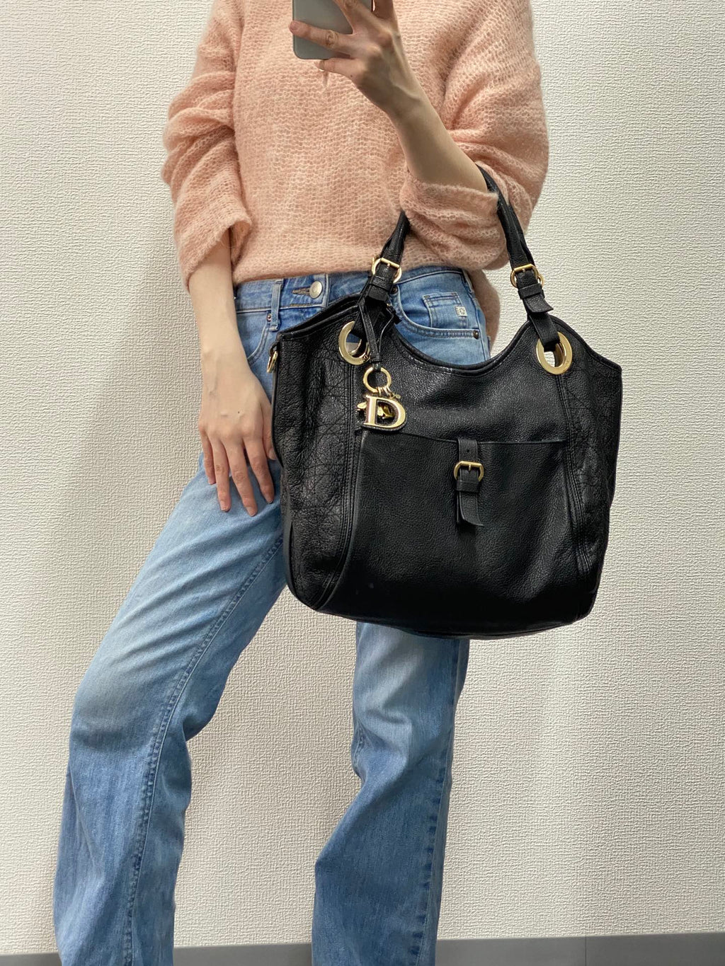 Dior Black Cannage Leather Bee Hobo