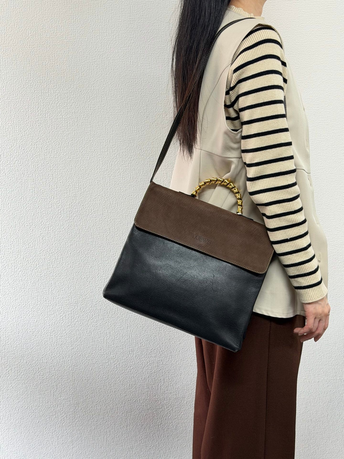 LOEWE Twisted handle 2WAY Shoulder bag Handbag Brown black Leather Gold