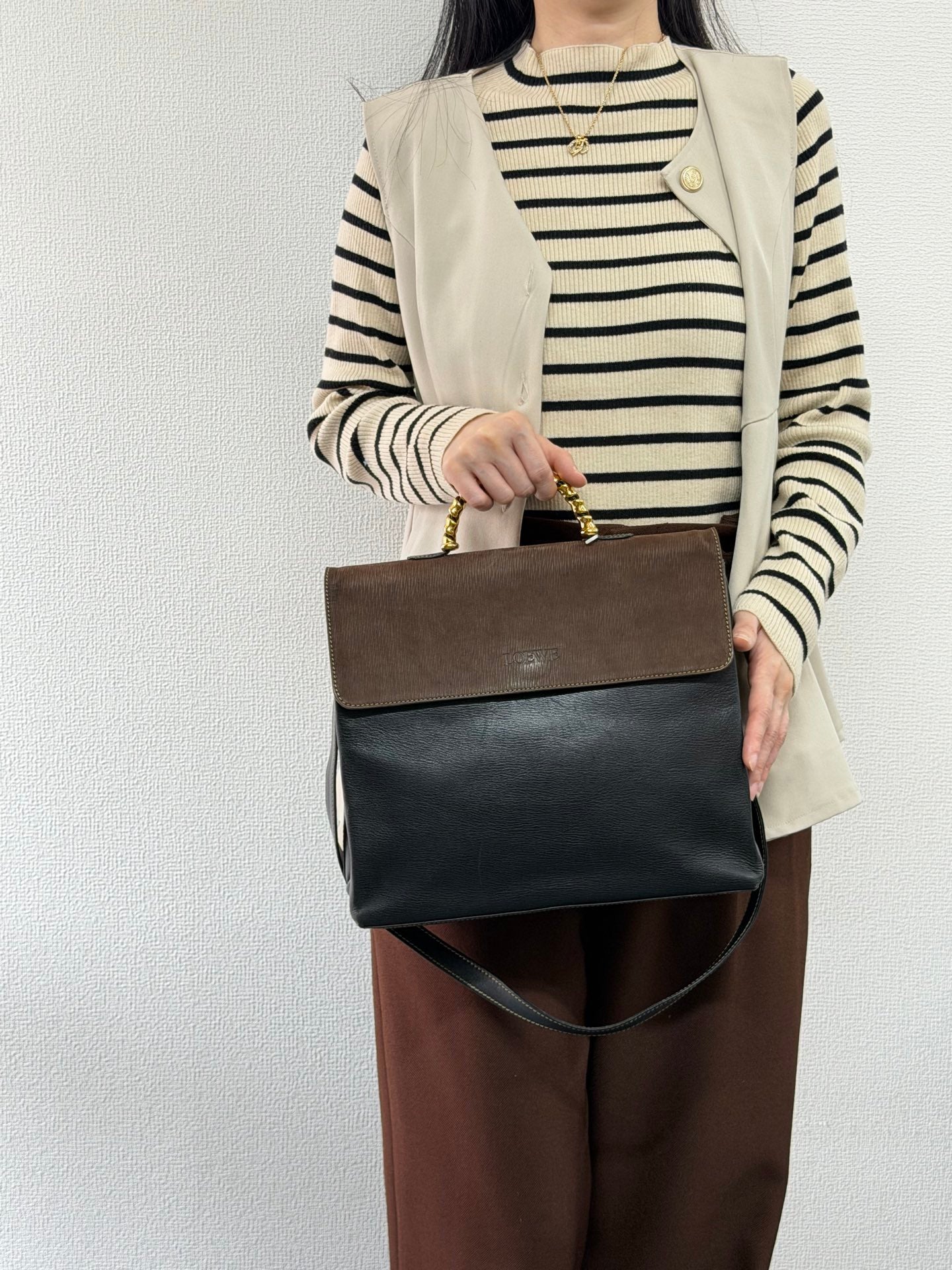 LOEWE Twisted handle 2WAY Shoulder bag Handbag Brown black Leather Gold