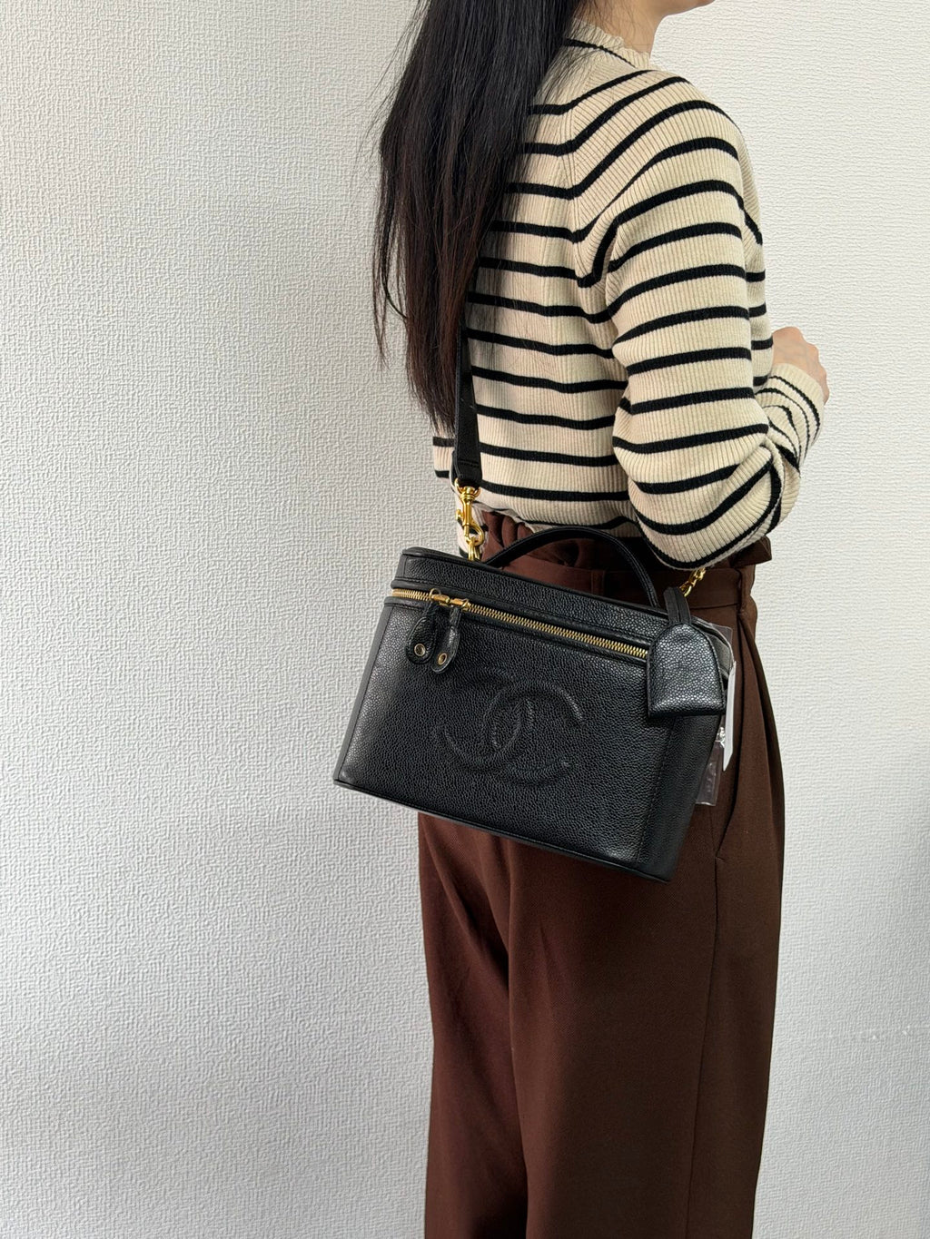 CHANEL CC Logo Vanity 2Way Hand Bag Grained Calfskin Leather BK GHW VTG