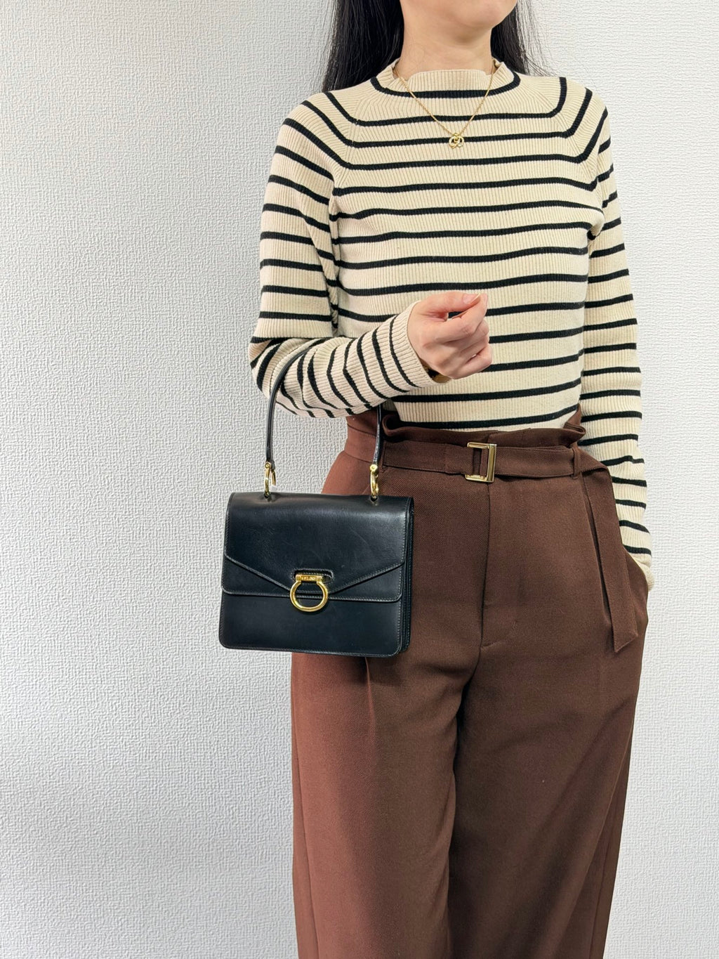 Celine Leather Top Handle Handbag Gancini Made in Italy Black