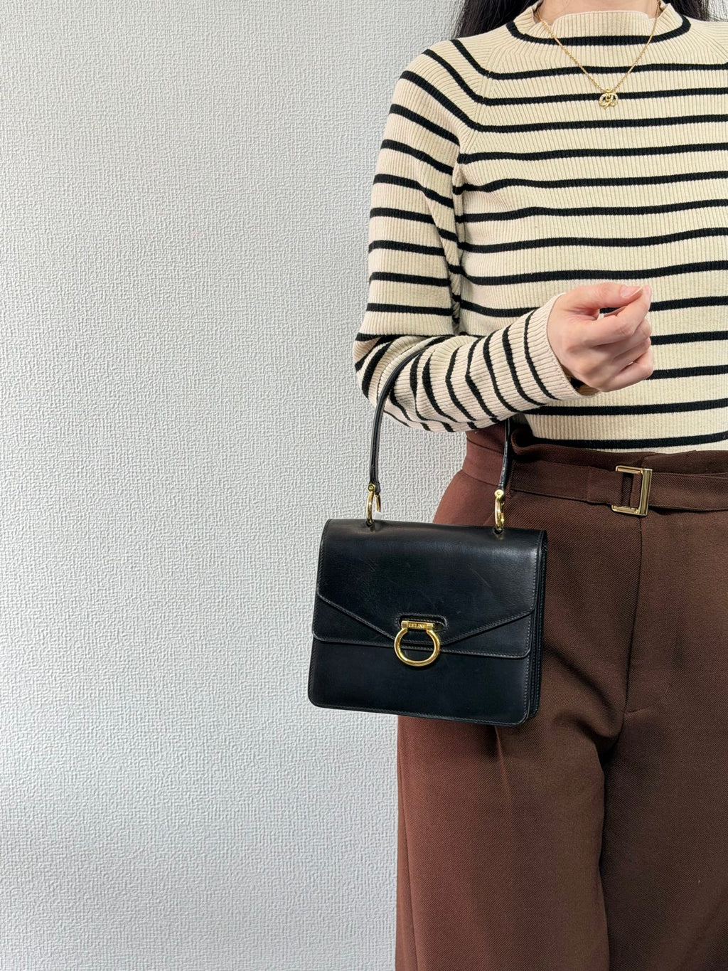 Celine Leather Top Handle Handbag Gancini Made in Italy Black