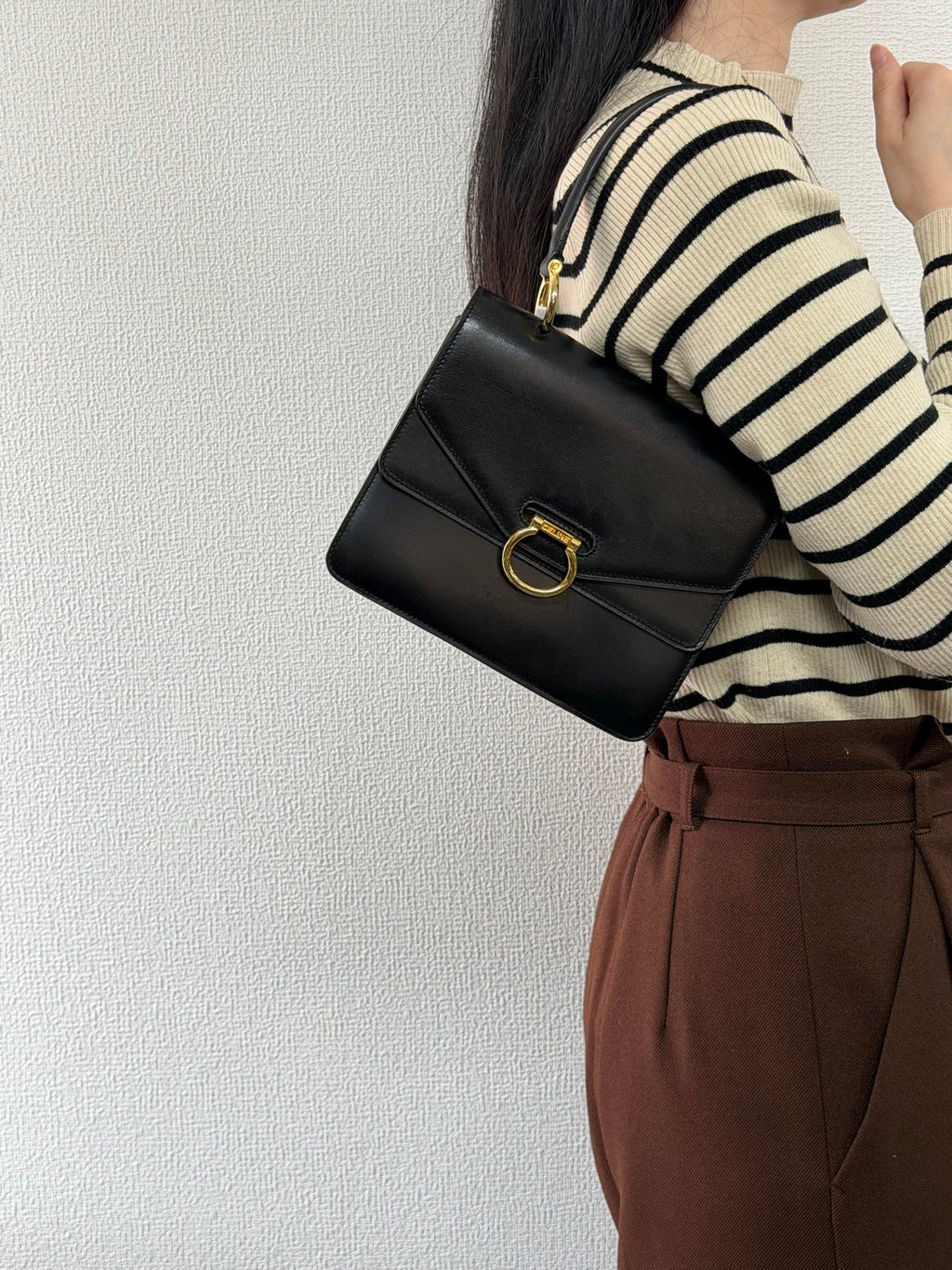 Celine Leather Top Handle Handbag Gancini Made in Italy Black