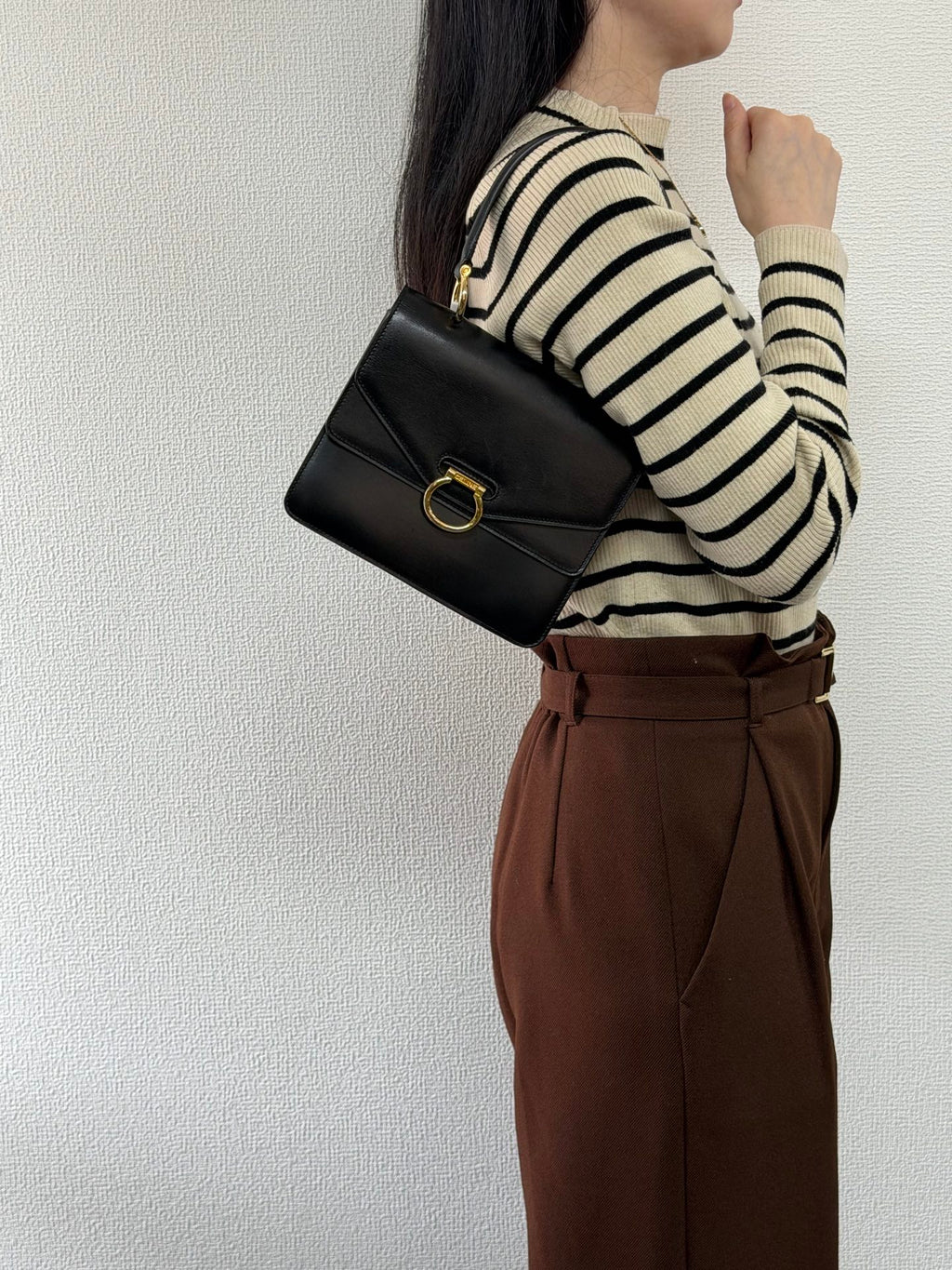 Celine Leather Top Handle Handbag Gancini Made in Italy Black