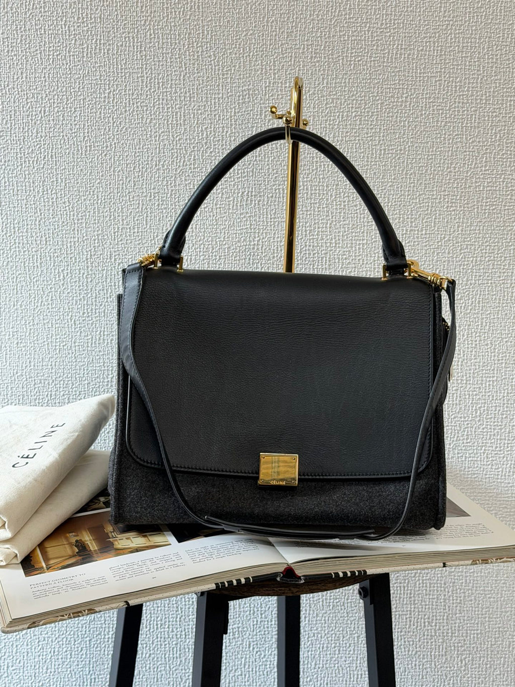 Celine 2011 Black/Canvas Medium Trapeze Top Handle Bag