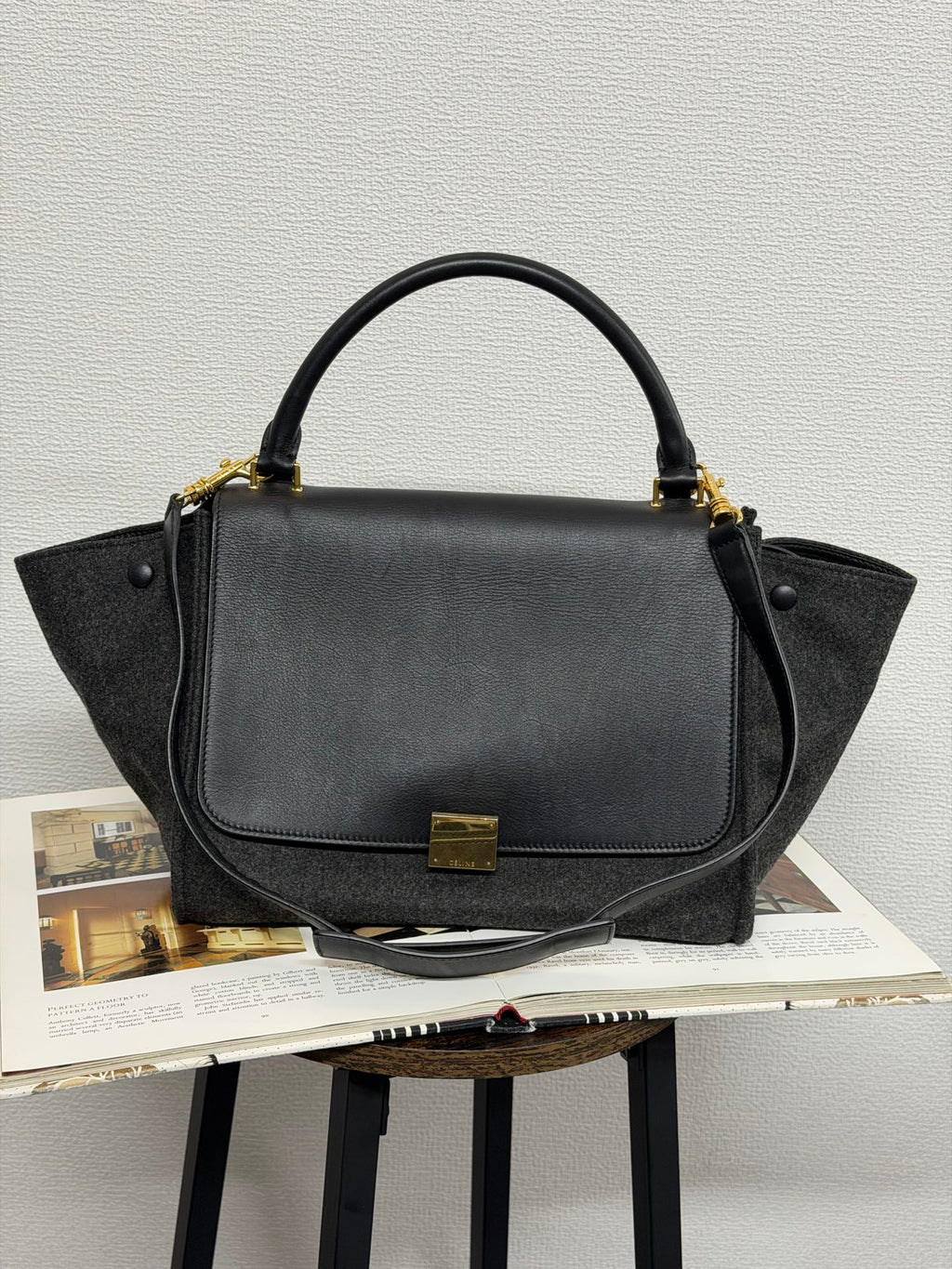 Celine 2011 Black/Canvas Medium Trapeze Top Handle Bag