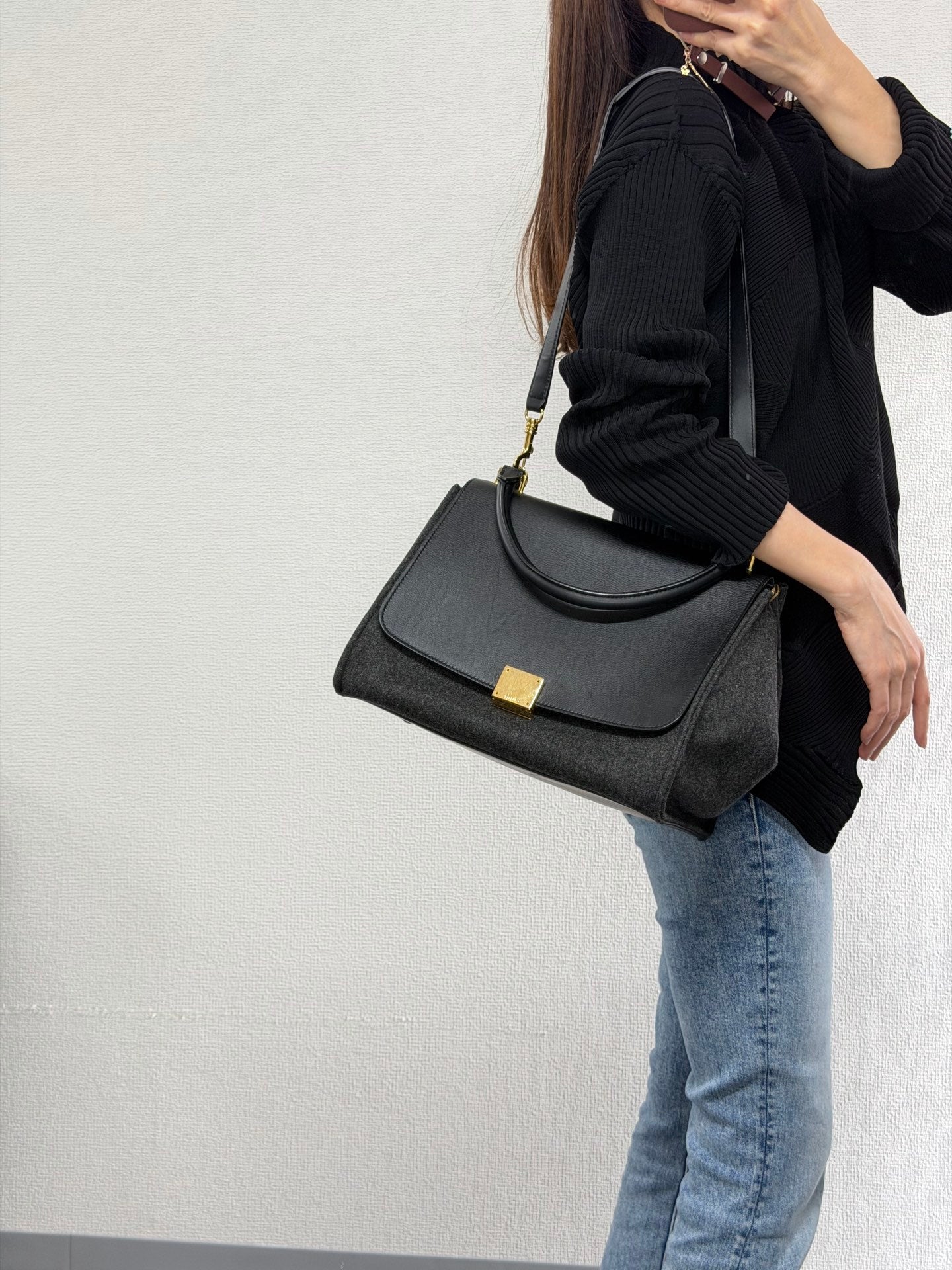 Celine 2011 Black/Canvas Medium Trapeze Top Handle Bag
