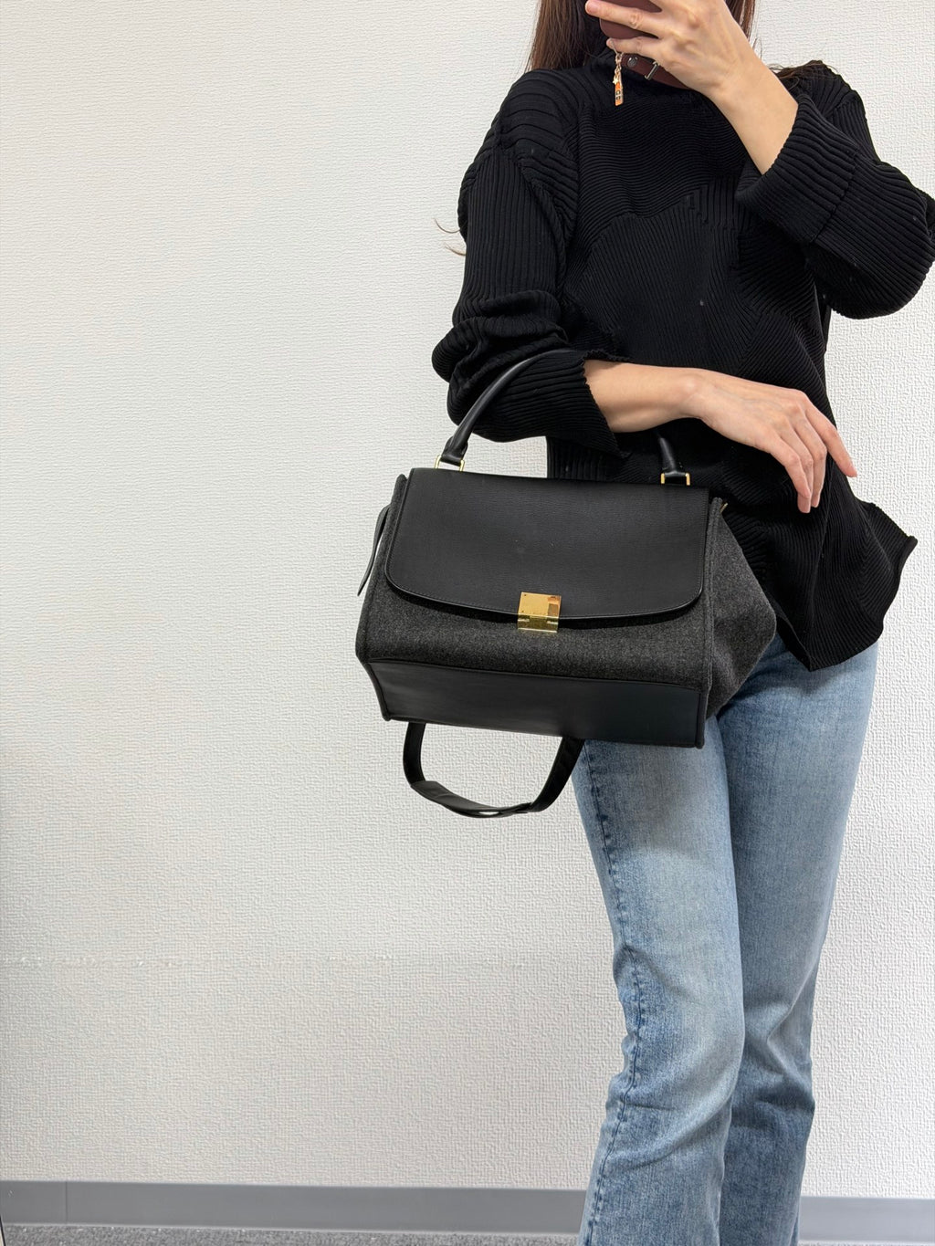 Celine 2011 Black/Canvas Medium Trapeze Top Handle Bag