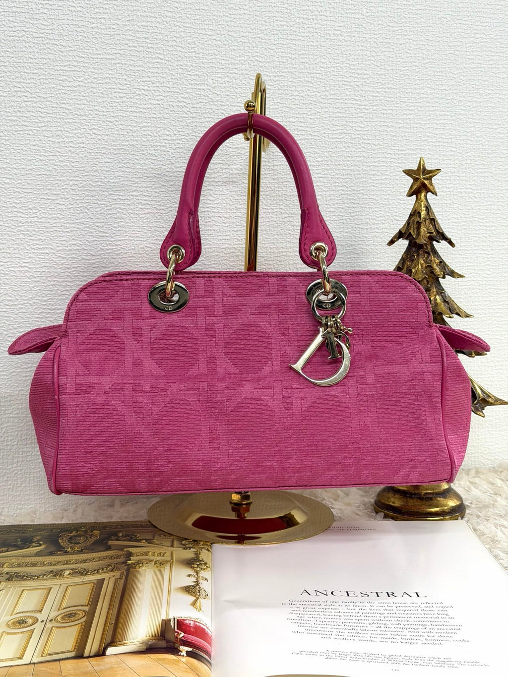 CHRISTIAN DIOR Pink Canvas Cannage Lady Dior Canvas Large Hand Bag