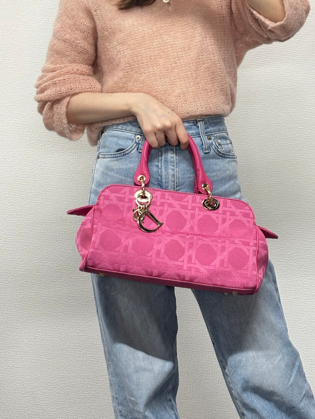 CHRISTIAN DIOR Pink Canvas Cannage Lady Dior Canvas Large Hand Bag
