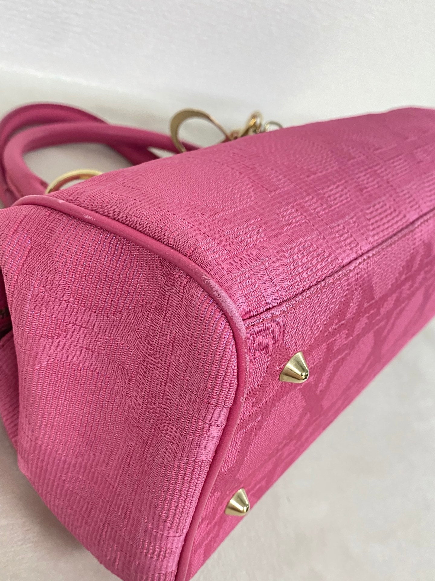 CHRISTIAN DIOR Pink Canvas Cannage Lady Dior Canvas Large Hand Bag