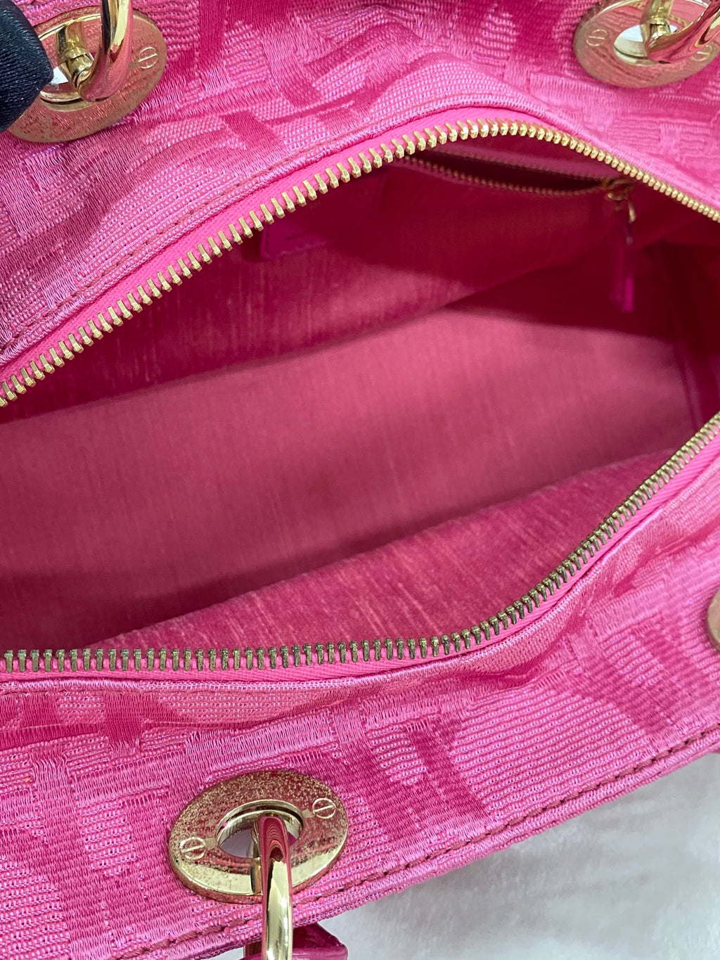CHRISTIAN DIOR Pink Canvas Cannage Lady Dior Canvas Large Hand Bag