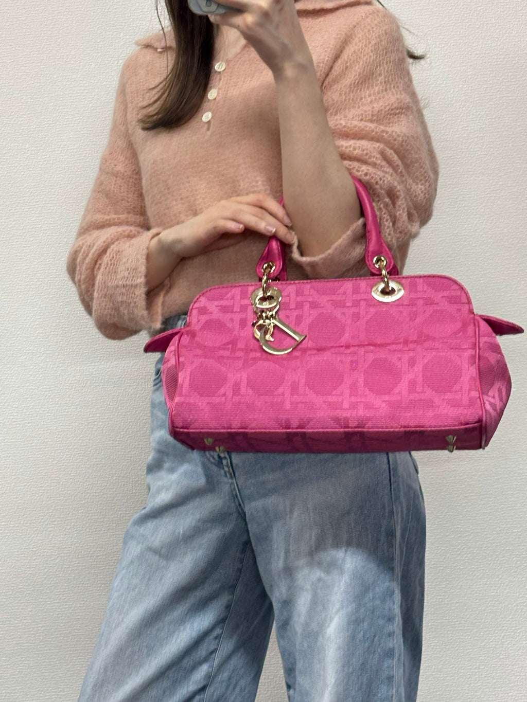 CHRISTIAN DIOR Pink Canvas Cannage Lady Dior Canvas Large Hand Bag