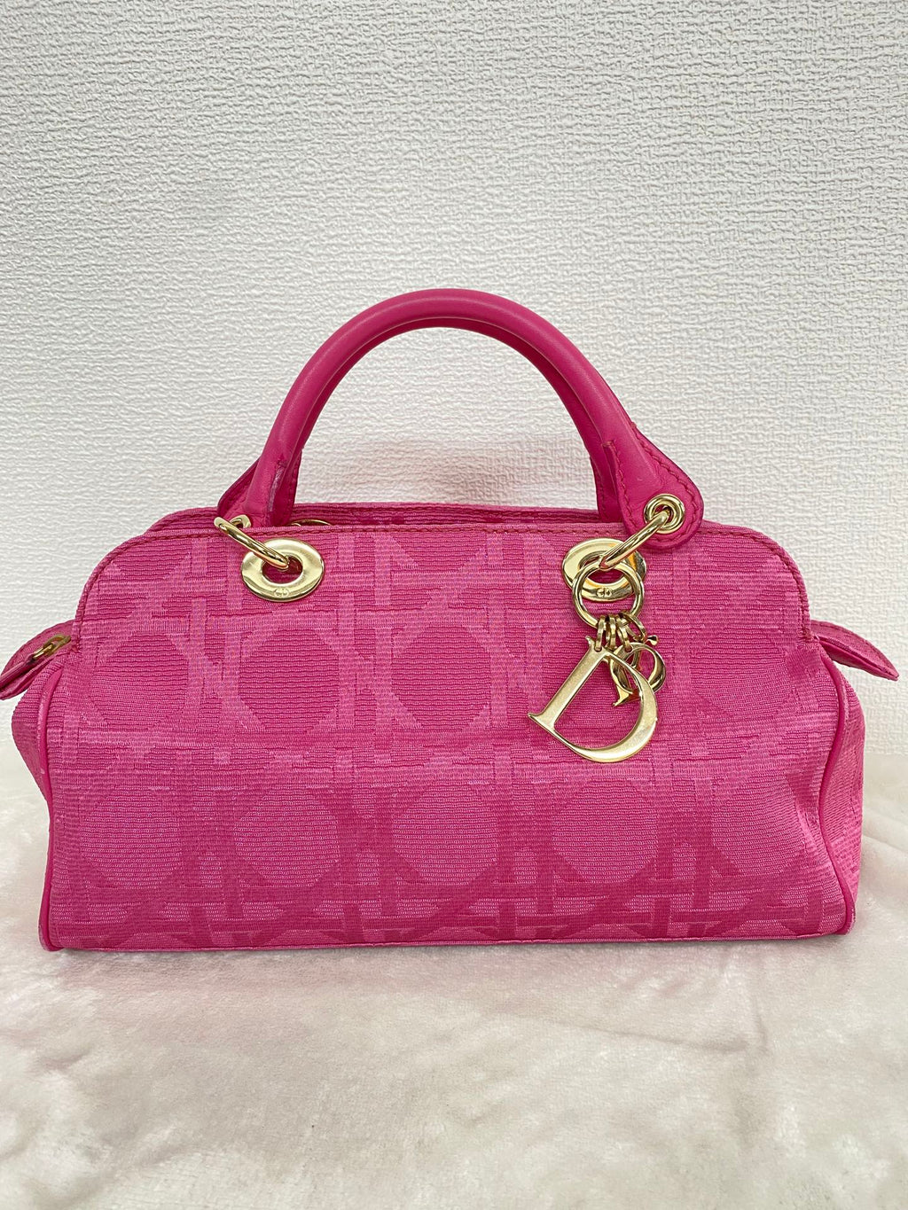 CHRISTIAN DIOR Pink Canvas Cannage Lady Dior Canvas Large Hand Bag