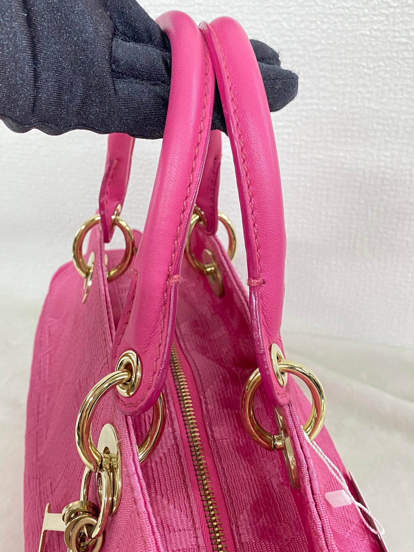 CHRISTIAN DIOR Pink Canvas Cannage Lady Dior Canvas Large Hand Bag