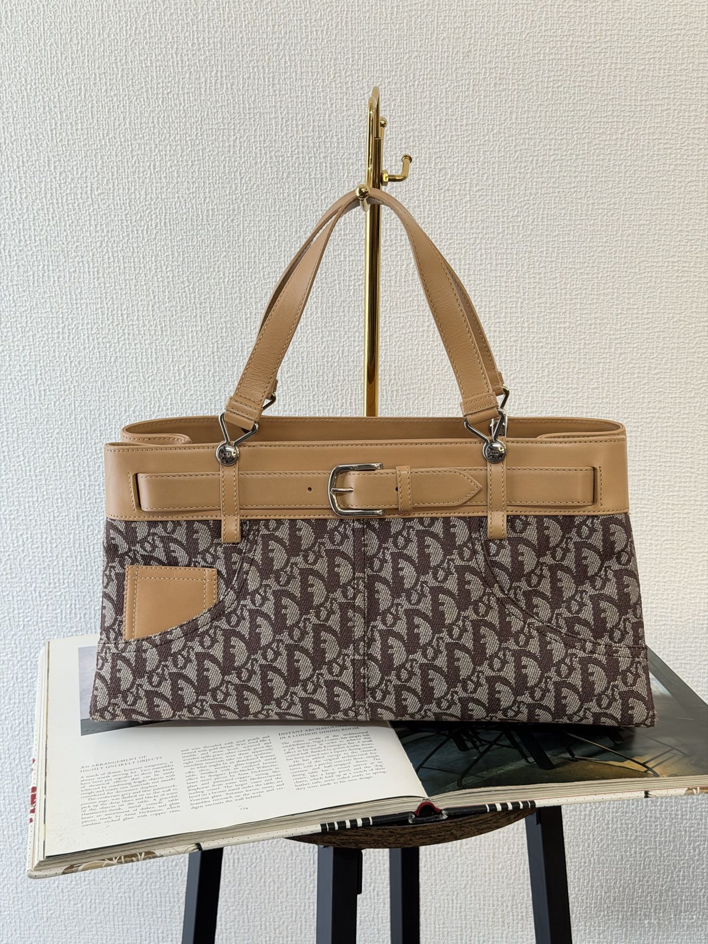 Christian Dior Vintage Trotter Double Pocket Tote in Brown, Fabric