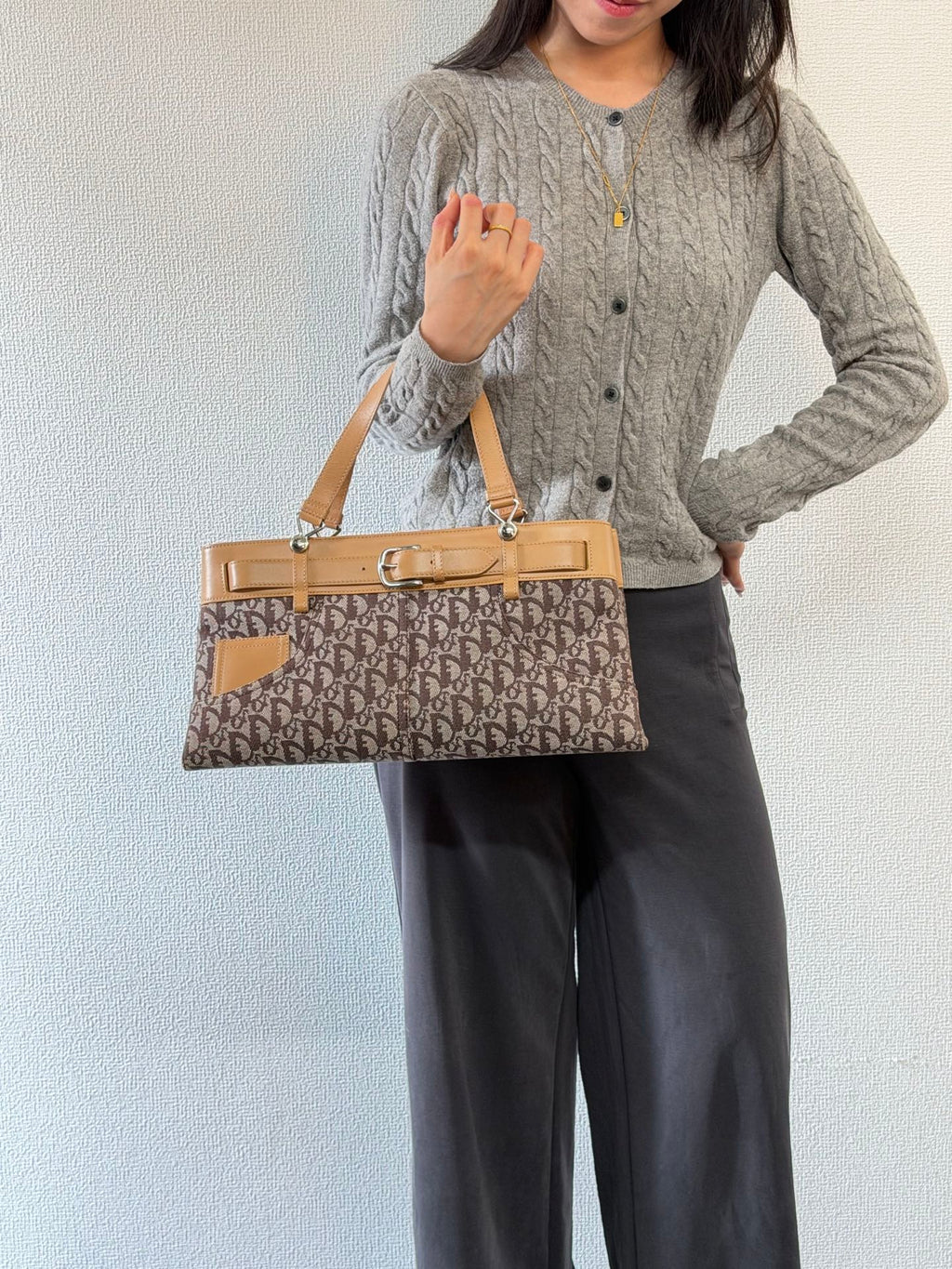 Christian Dior Vintage Trotter Double Pocket Tote in Brown, Fabric