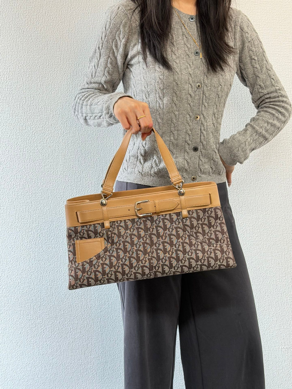 Christian Dior Vintage Trotter Double Pocket Tote in Brown, Fabric