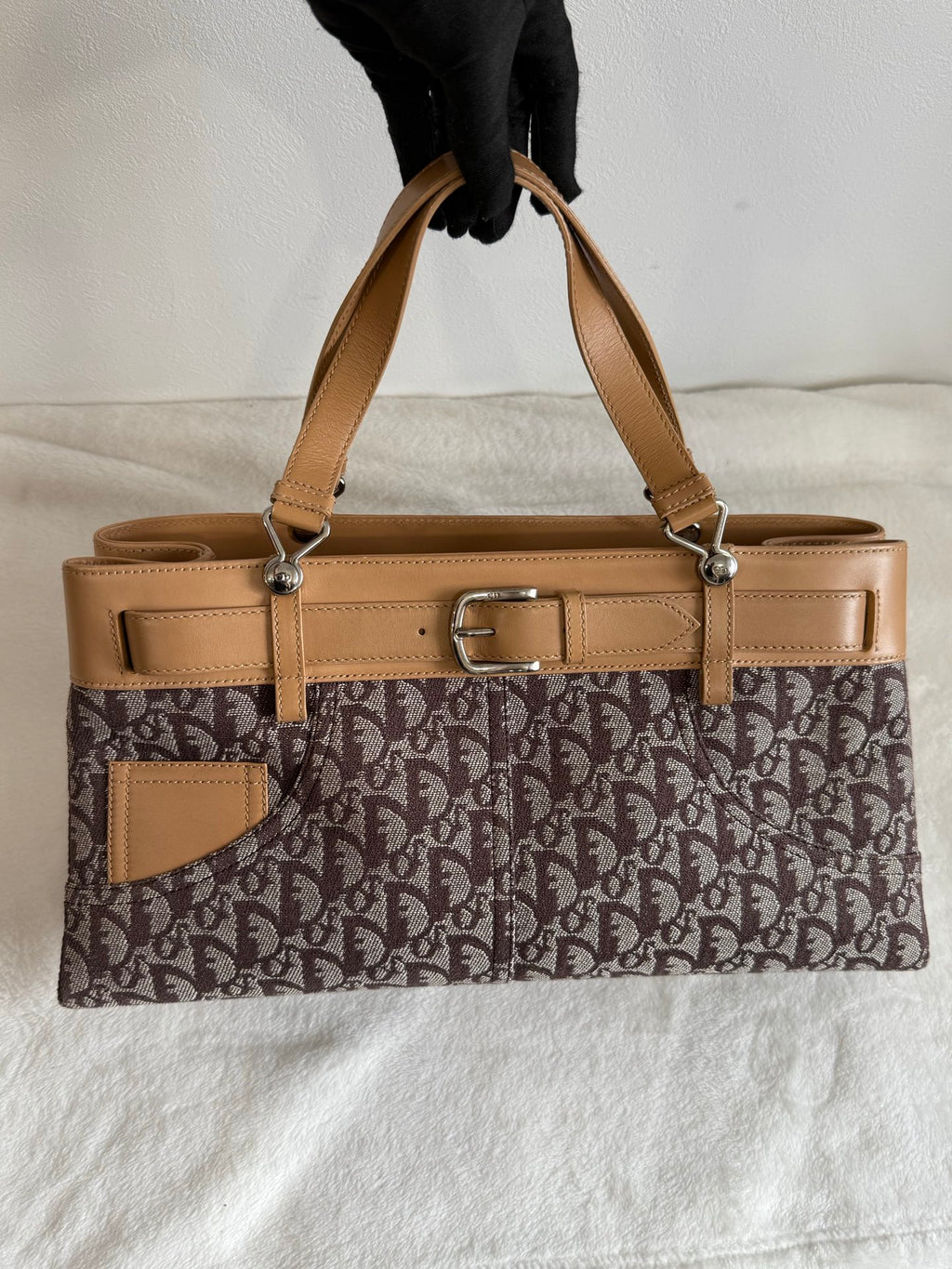 Christian Dior Vintage Trotter Double Pocket Tote in Brown, Fabric